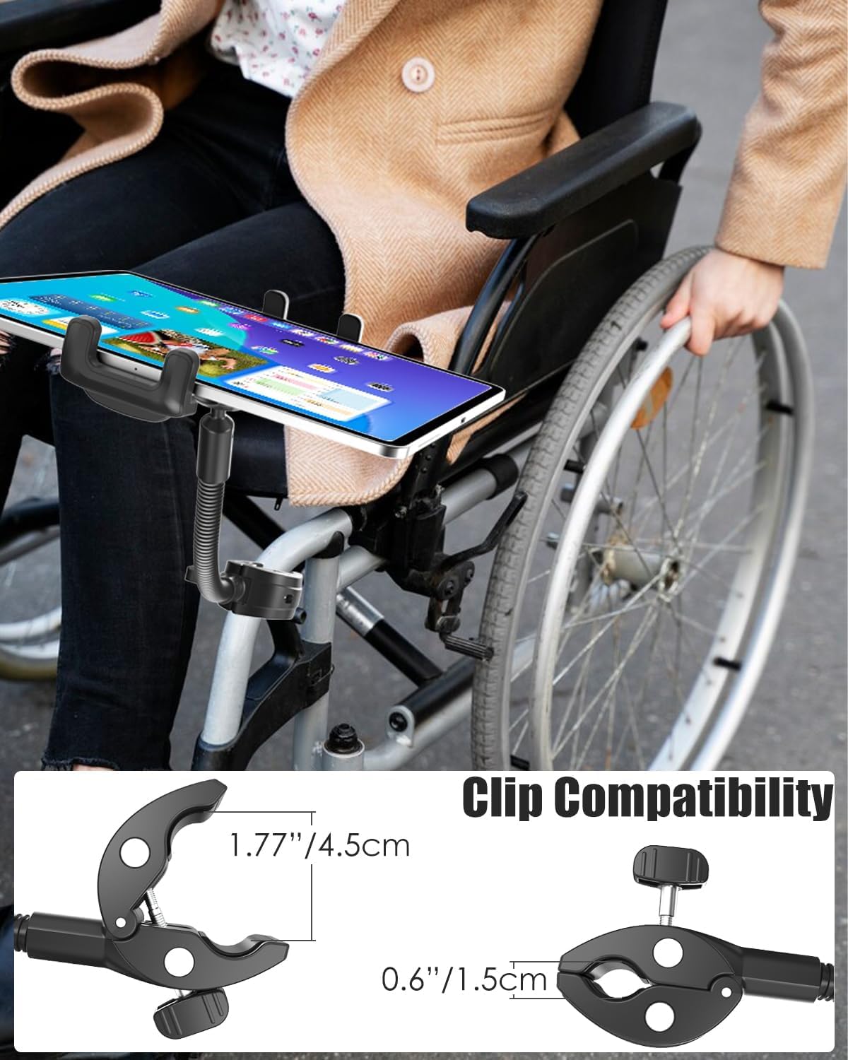 Supporto portatile per tablet per sedia a rotelle [versione Pro] con braccio in alluminio da 24 cm, regolabile a 360°, per iPad Pro/Air, iPhone 15/14, Galaxy Z Fold 5, E-Reader