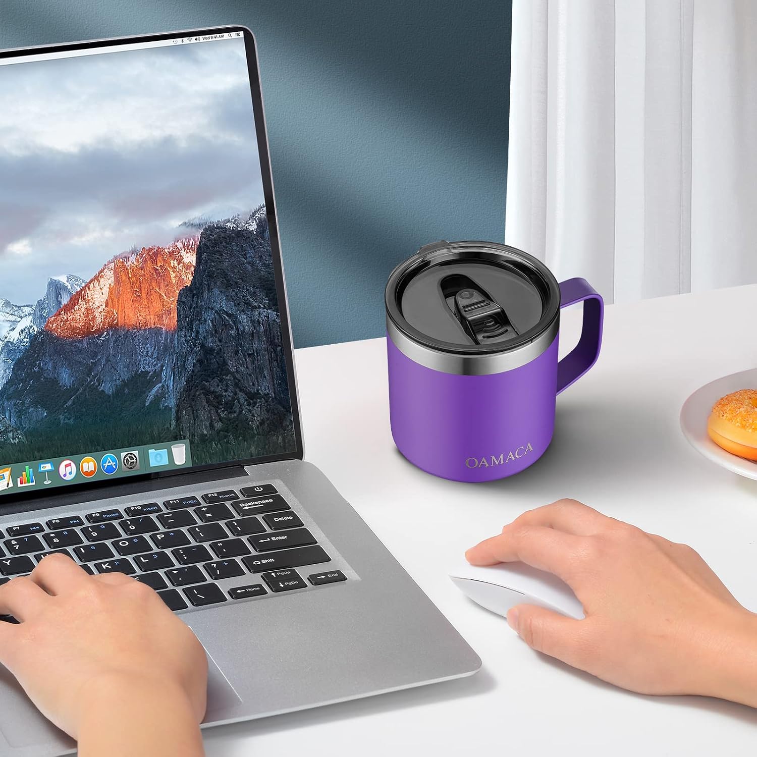 Oamaca 14OZ Coffee Mug with Lid, Vacuum Insulated Travel Tumbler with Handle,Double Wall Stainless Steel Powder Coated Mug Cup,Spill-proof Thermos Cup for Hot & Cold Drinks for Home Office,Purple