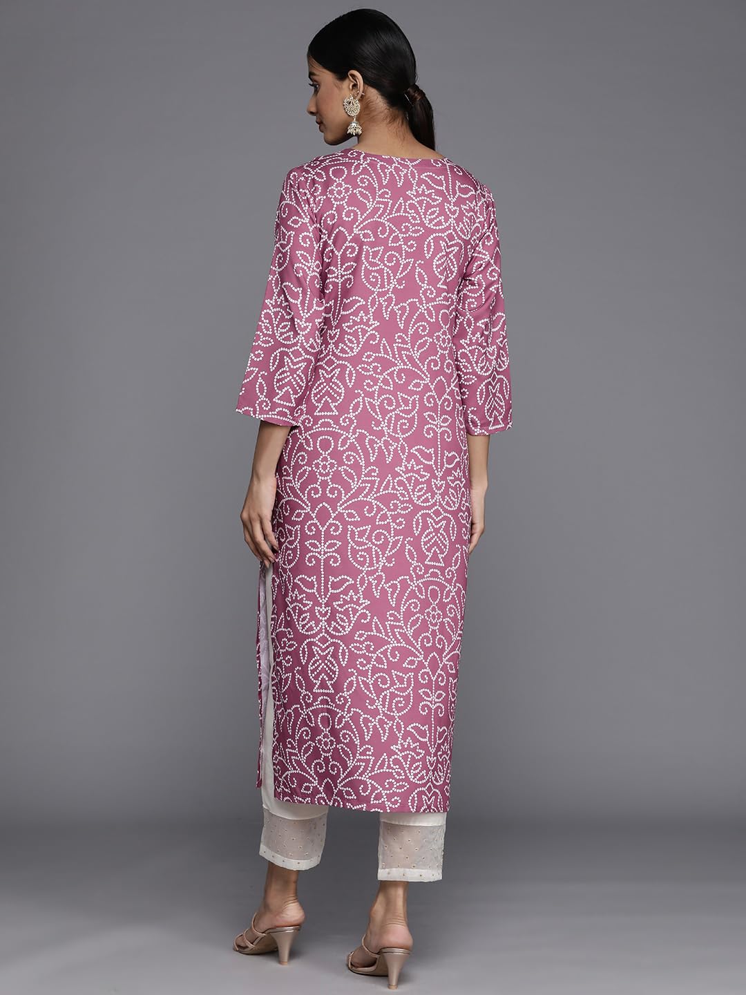 Varanga Women Purple Bandhani Print Yoke Embroidered Kurta With 3/4 Sleeves And White Palazzo Pants (Extra Large)