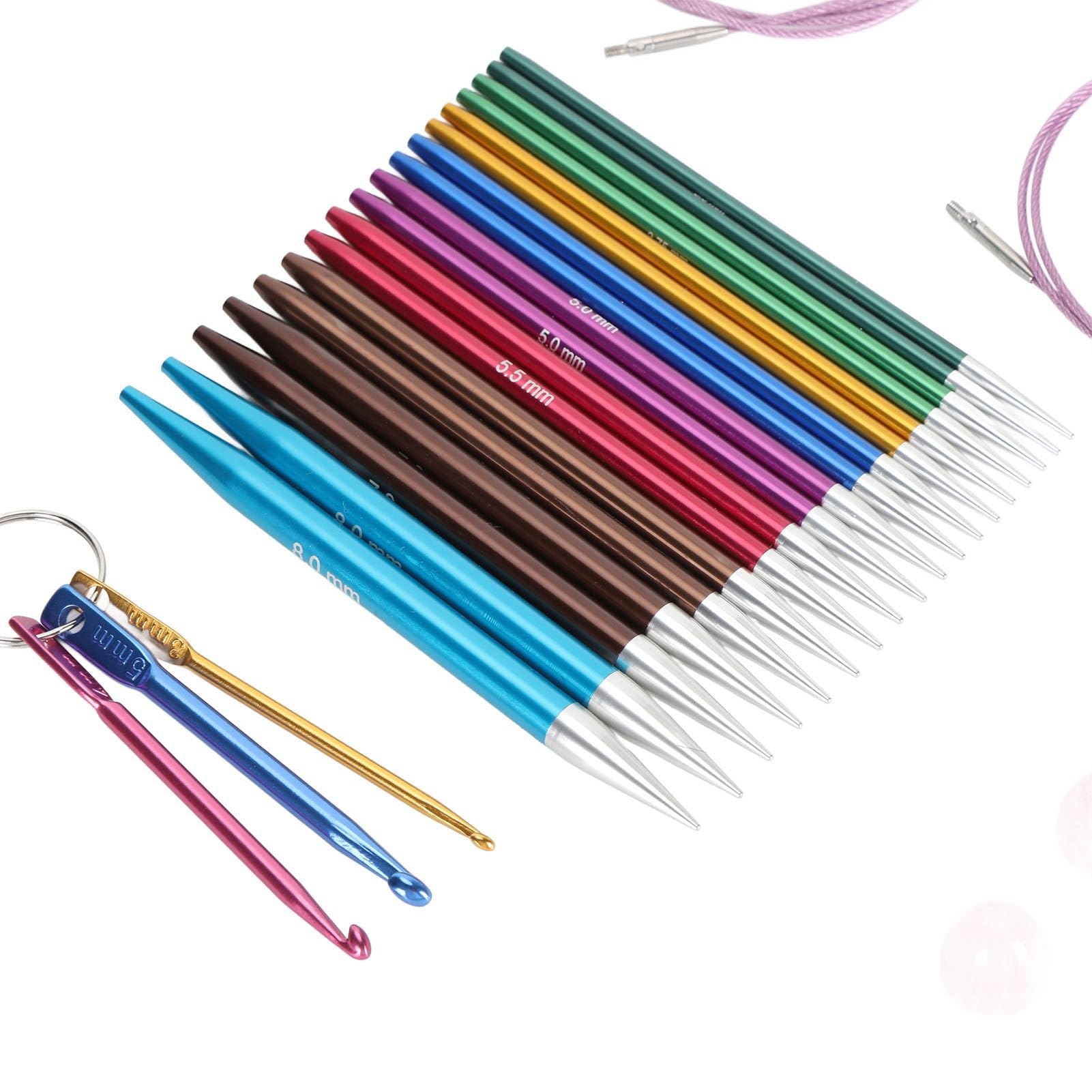 Interchangeable Circular Knitting Needle zestaw lekkich aluminiowych drutów do robienia na drutach, zestaw 3 5 do 8 mm z akcesoriami dla początkujących i profesjonalistów, rękodzieło, prezenty