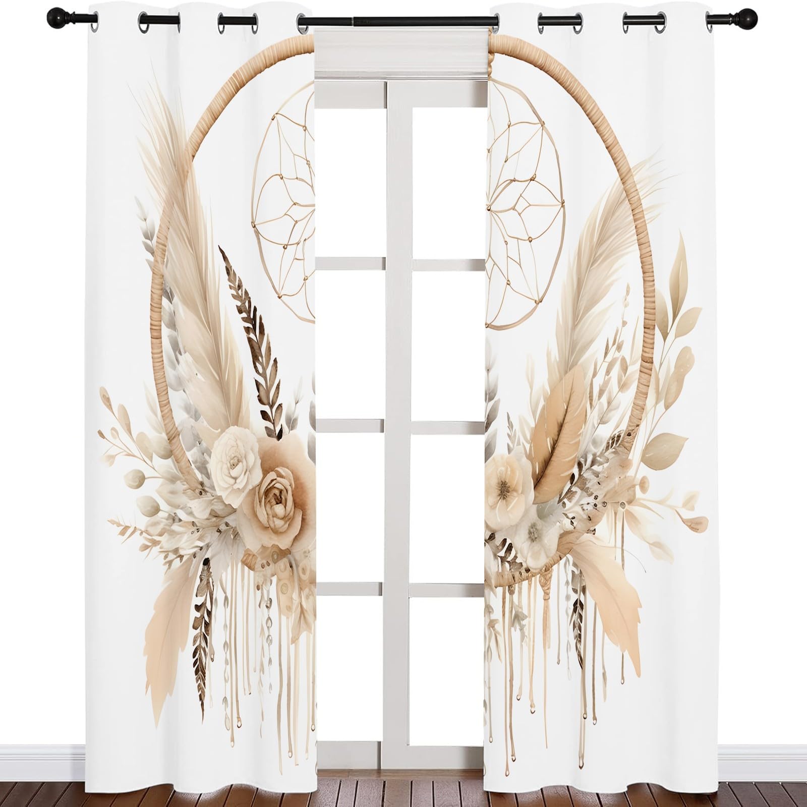 Rideau Occultant Motif Fleurs Brunes, Rideaux Blanc Marron 2 Pièces L 100 x H 240, Thermique Anti UV Tenture Opaque à Oeillets Bohême Decoration Chambre Maison Salon Intérieurs, A105