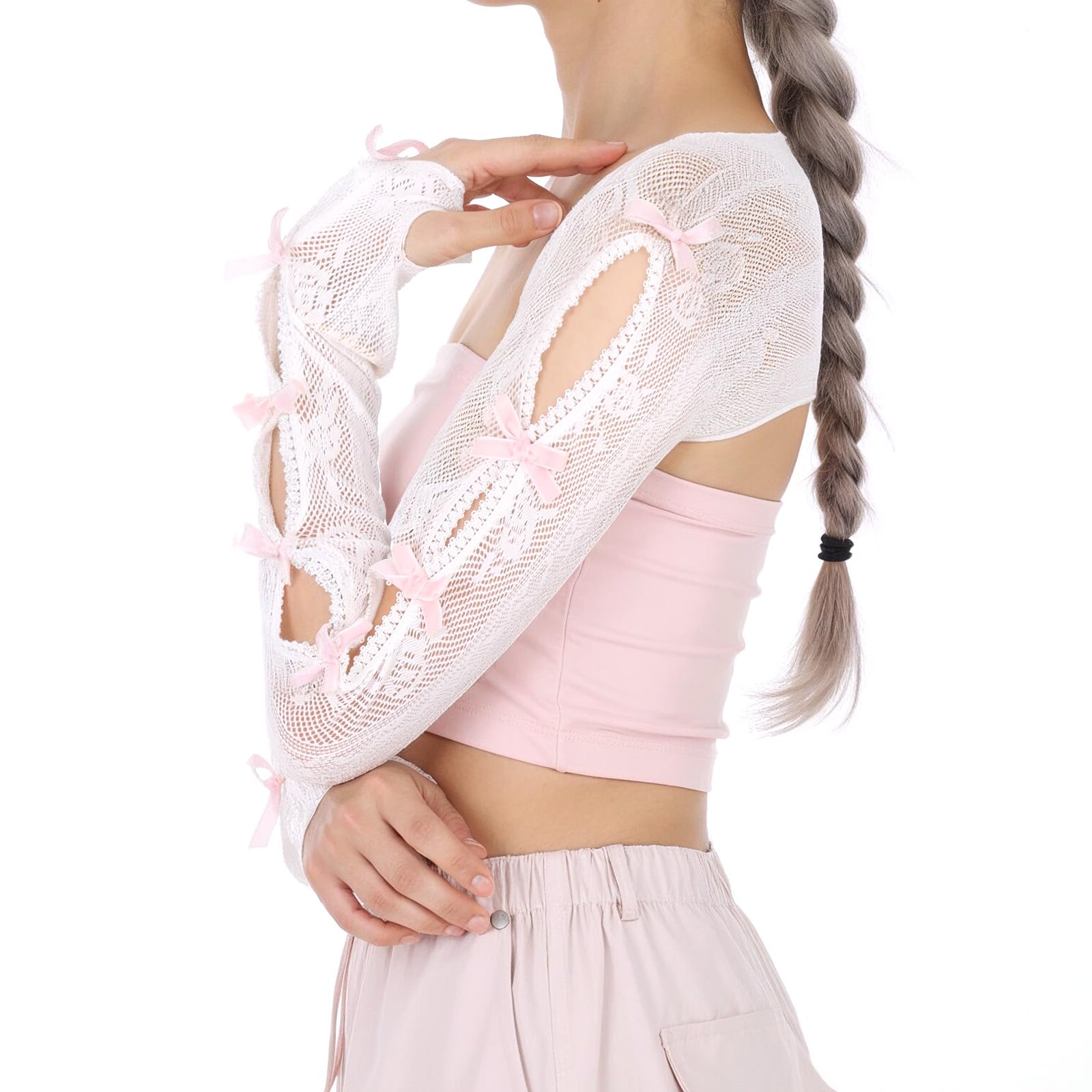 Womens Mesh Lace Shrug Crop Top Y2K Aesthetic Arm Sleeves Cardigan with Bow Gothic Emo Grunge Y2k Aesthetic