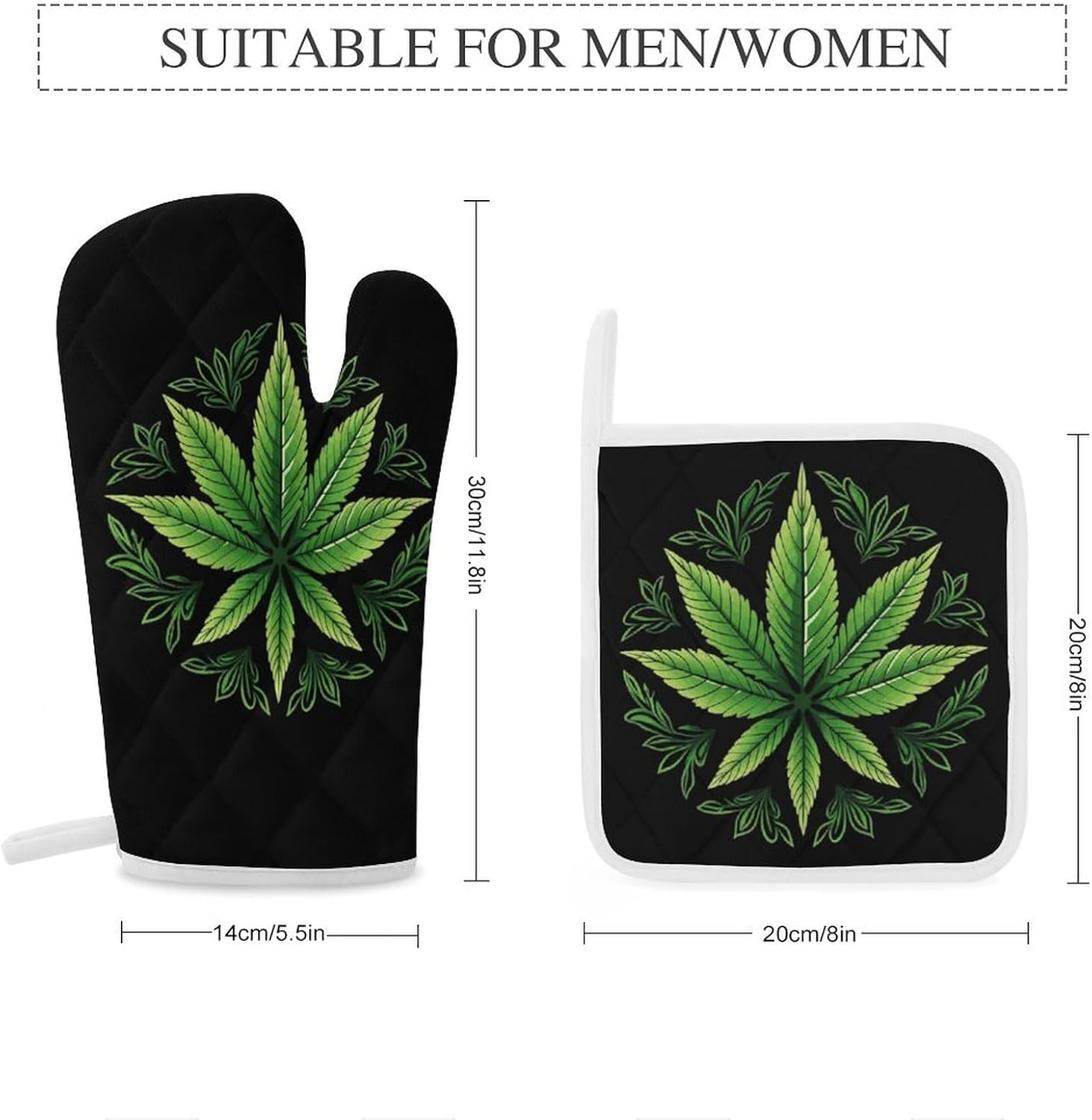 Weed Leaf 4 Pcs Oven Mitts and Pot Holders Set High Heat Resistant Long Kitchen Oven Glove Potholders