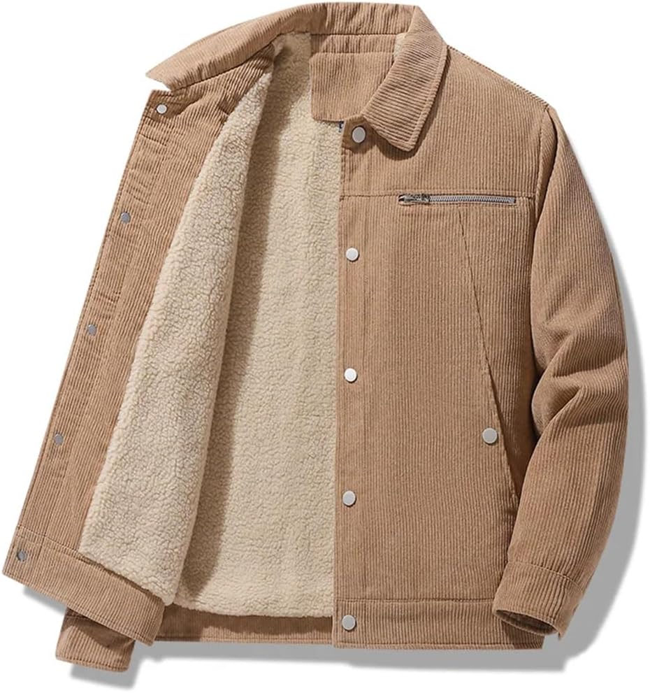 Vsadsau Men Solid Jackets Fleece Thick Warm Corduroy Outerwear Single Breasted Lapel Parka Coats