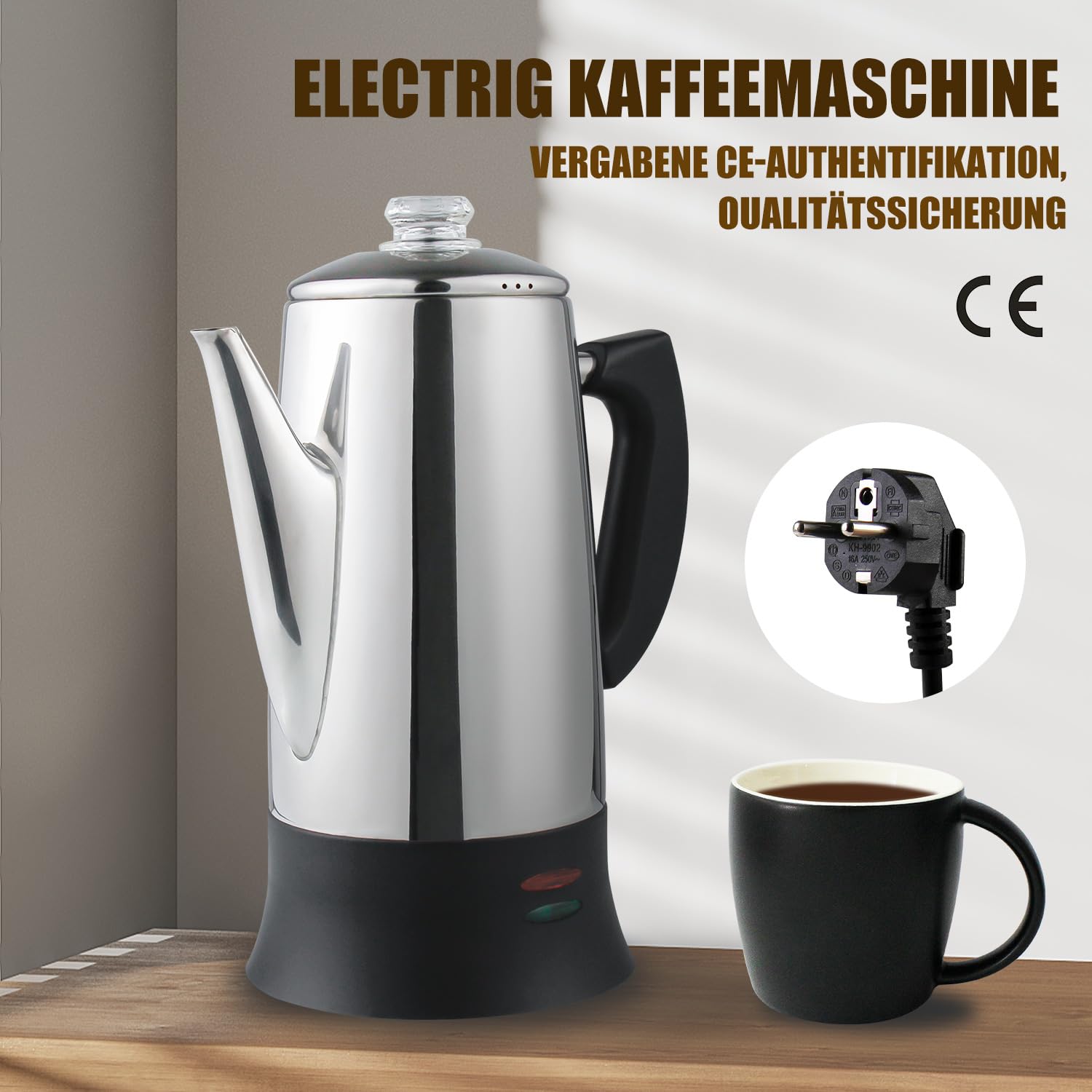 APOXCON Elektrischer Kaffee Perkolator für 12 Tassen, Schnellbrüh-System mit hitzebeständigem Glasknopf für Zuhause und Büro, Kabellos, CE-Zertifiziert