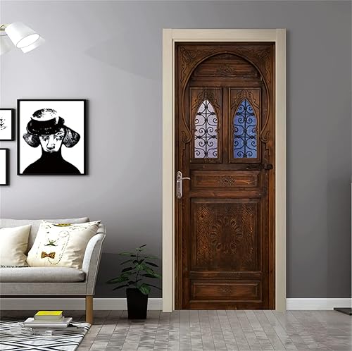 Miniatura 7 de Calcomanía de puerta con patrón de madera realista 3D para despegar y pegar, murales de puerta de madera retro, papel tapiz autoadhesivo para