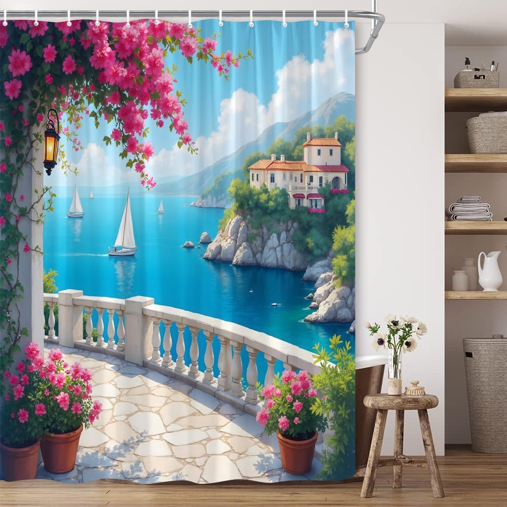 Coastal Landscape Shower Curtain Mediterranean Natural Scenery Purple Floral Vines Plants Blue Ocean Sailboat Italian Rustic European City View Polyester Fabric Bathroom Decor 70×96 Inch with Hook