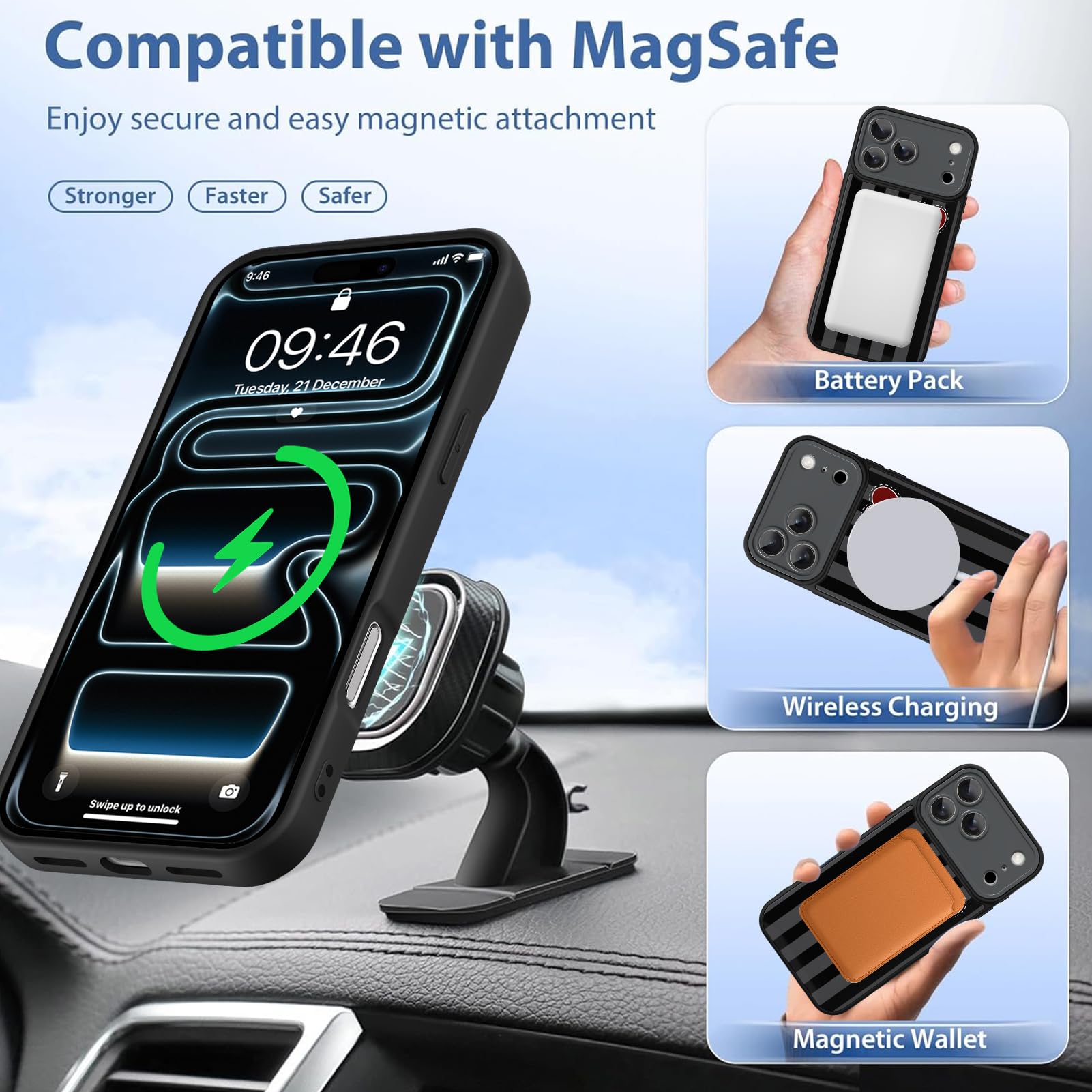 Custodia magnetica per iPhone 17 Pro Max, motivo a righe nere a forma di cuore, cinturino da polso integrato, supporto per mano e dita, compatibile con Magsafe, custodia protettiva completa per