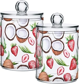 Gredecor 4 Pack Qtip Holder Clear Coconut Strawberry Apothecary Jars with Lids Acrylic Bathroom Jars Vanity Countertop Canister Storage Organizer for Cotton Ball,Swabs,Pads,Floss