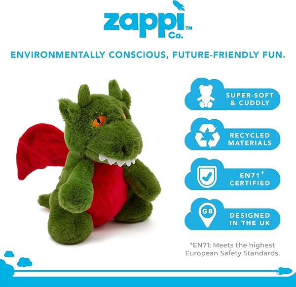 Zappi Co Ultra Soft Green Dragon Plush Toy (21cm Height) - 100% Recycled, Eco-Friendly, Newborn Gift, Realistic Lifelike - 3