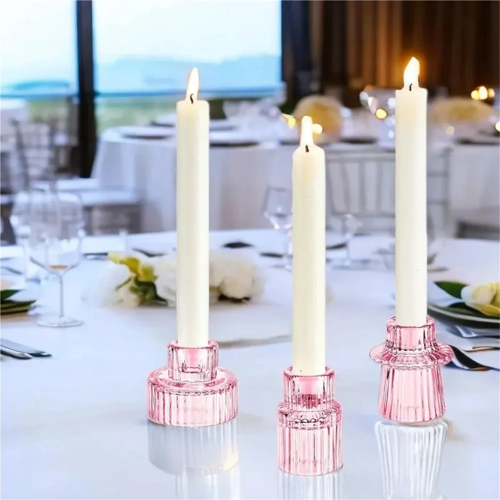 Portavelas Candelabro de Cristal cónico Corto y pequeño for Centro de Mesa, decoración de Bodas y cenas.(3Pcs Green)