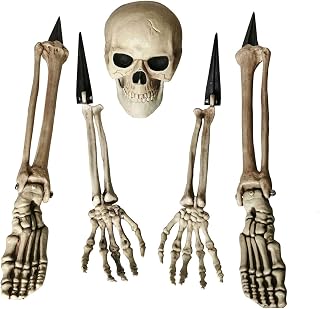 ALLADINBOX Halloween Creepy Graveyard Décor Groundbreaker Realistic Skeleton Bones and Skull(Include Skull, Hands, Legs, arms and feet with Lawn Stakes) for Outdoor Party, Life Size