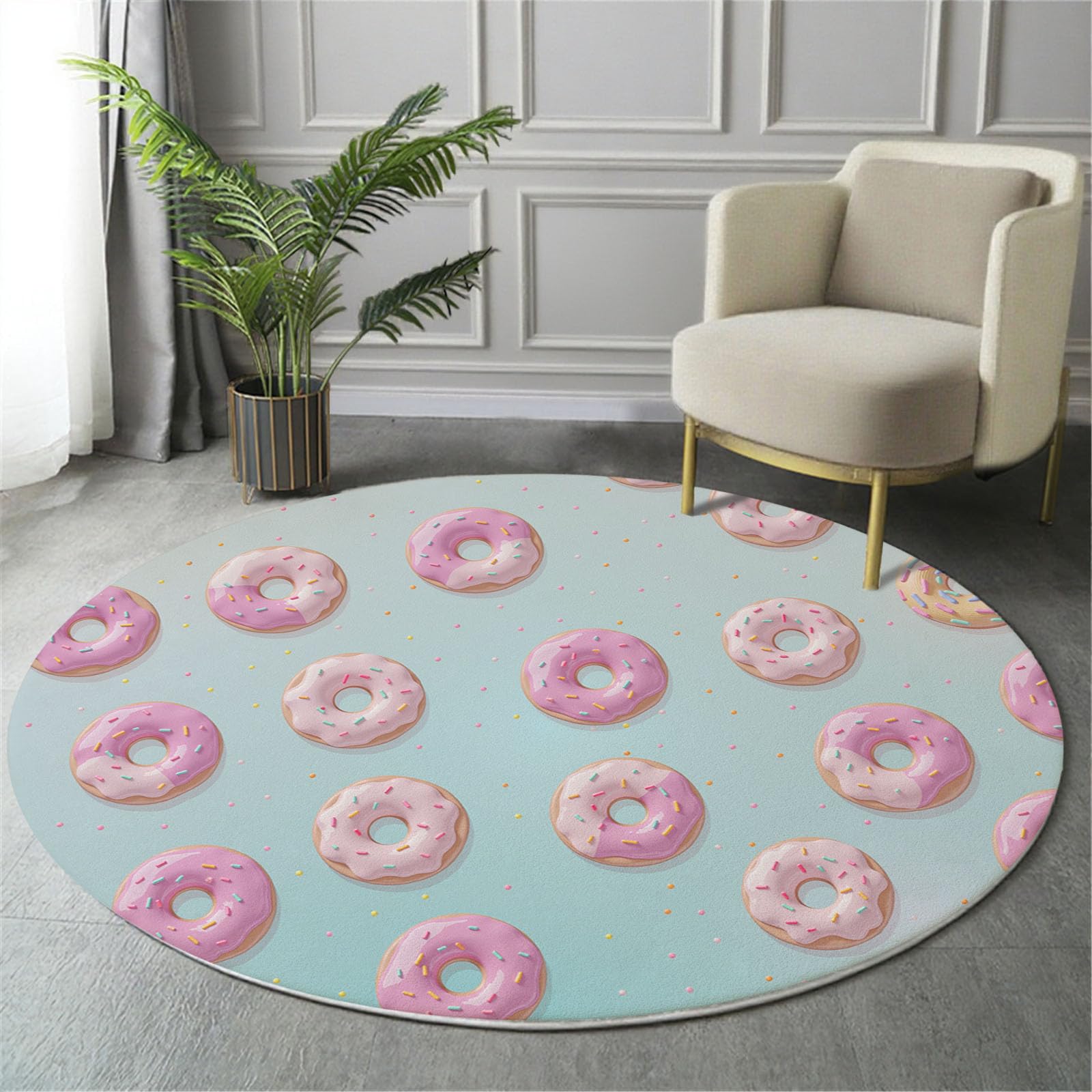 Süß Und Verspielt Teppich Rund 150cm, Donuts Zuckerstreusel Teppich rutschfest Waschbar, flauschig robust Rosa Teppiche, Für Schlafzimmer Wohnzimmer Kinderzimmer Spielzimmer
