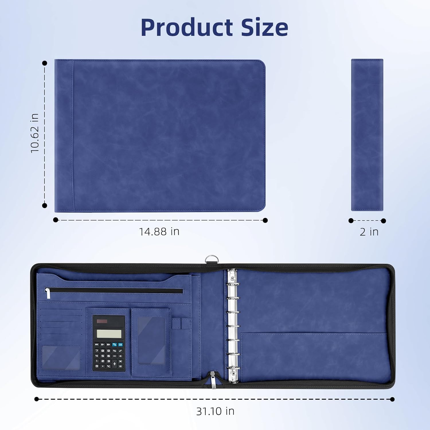 Ospelelf Blue Zippered 7 Ring Check Binder for Business Checks (9" x 13"), 1 Inch Faux Leather Checkbook Portfolio with Zipper Pouch, Professional Binder Organizer for Accountants, Home Use
