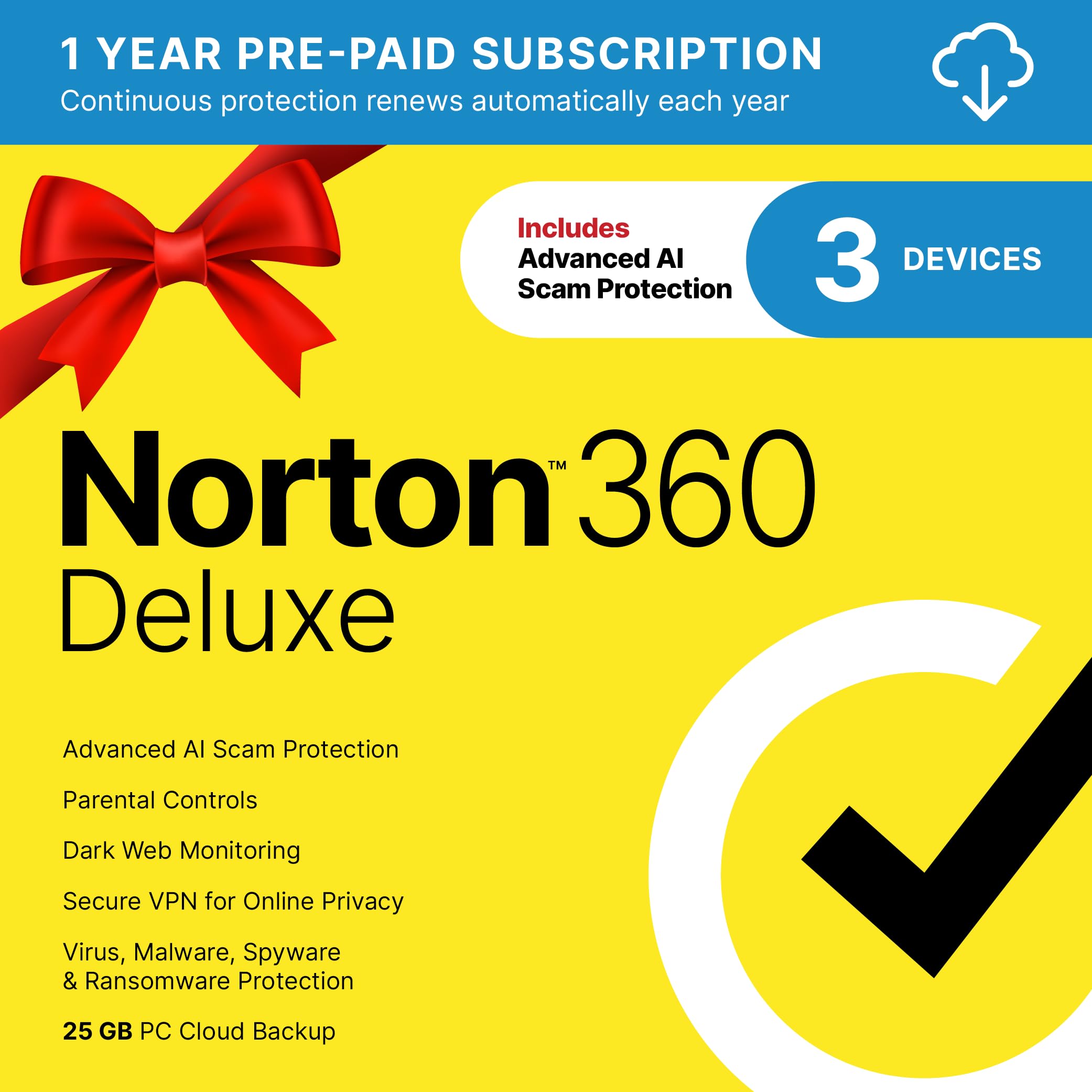 Norton 360 Deluxe 2026 Ready, Antivirus software for 3 Devices with Auto-Renewal – Includes Advanced AI Scam Protection, VPN, Dark Web Monitoring & PC Cloud Backup [Download]