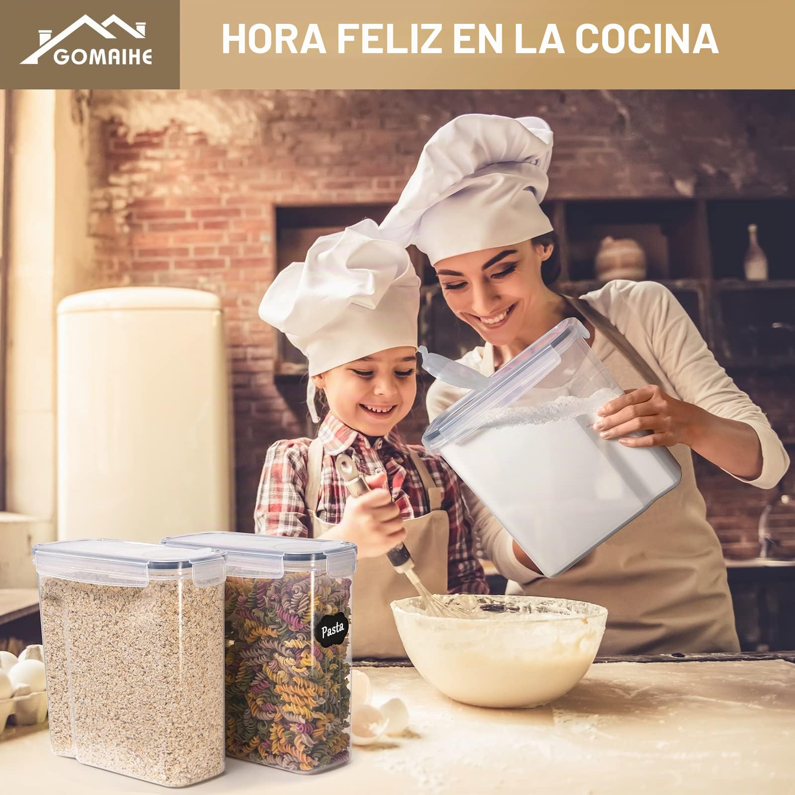 GoMaihe Recipientes Herméticos para Alimentos, 6 x 4 L, Muesli y Cereales | Un Paquete Entero por Recipiente: aprox. 750 g de Muesli o Cereales, 1,5 kg de Copos de Avena, 2 kg de Harina; Sin BPA