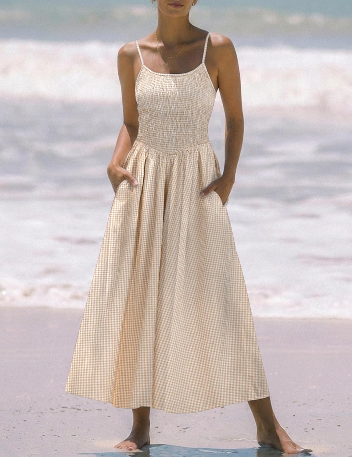 Relipop Women's Summer Midi Dresses 2026 Casual Plaid Sleeveless Spaghetti Strap Smocked Tiered Beach Sundress & Pockets - Image 2