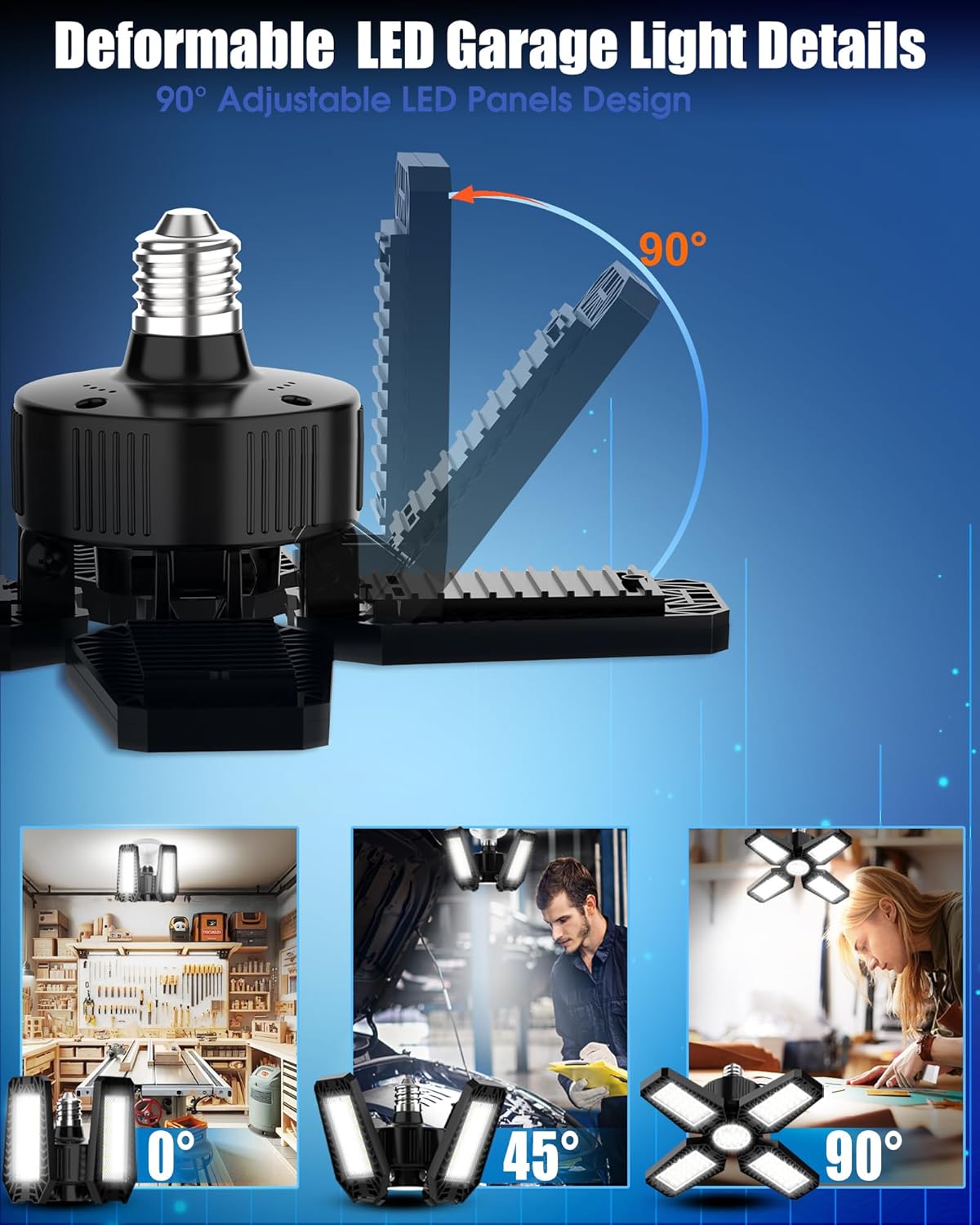 Garage Light, 120W 12000LM Bright Garage Lights Ceiling Led, 6500K Deformable Shop Lighting with 4 Adjustable Panel, Screw into E26/E27 Bulb Socket LED Lights for Workshop Basement Attic