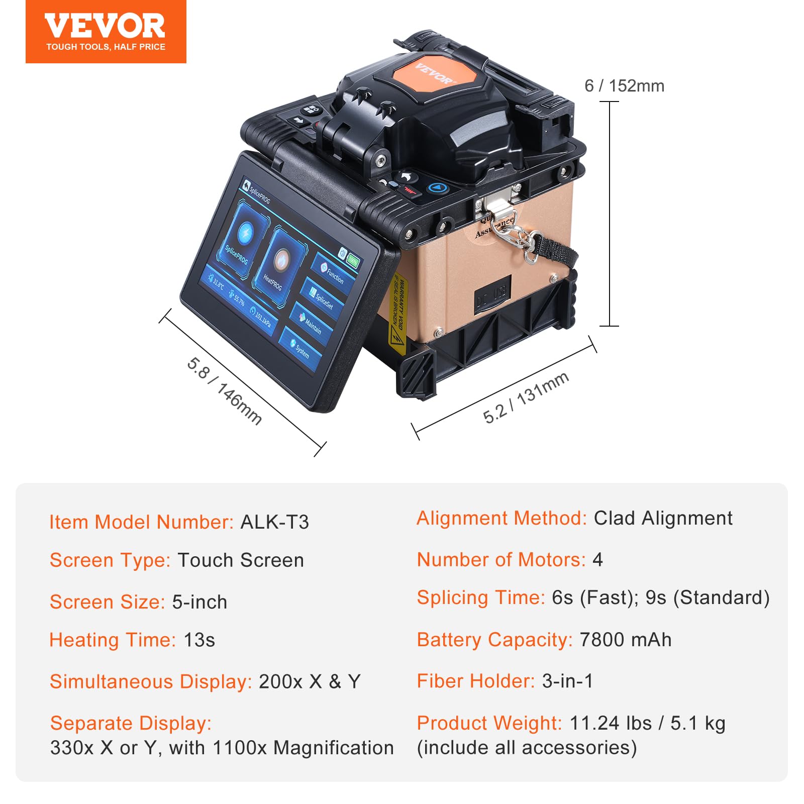 VEVOR Empalmador de Fibra Óptica 4 Motores Alineación Revestida Pantalla Táctil Batería 7800 mAh 146x131x152 mm