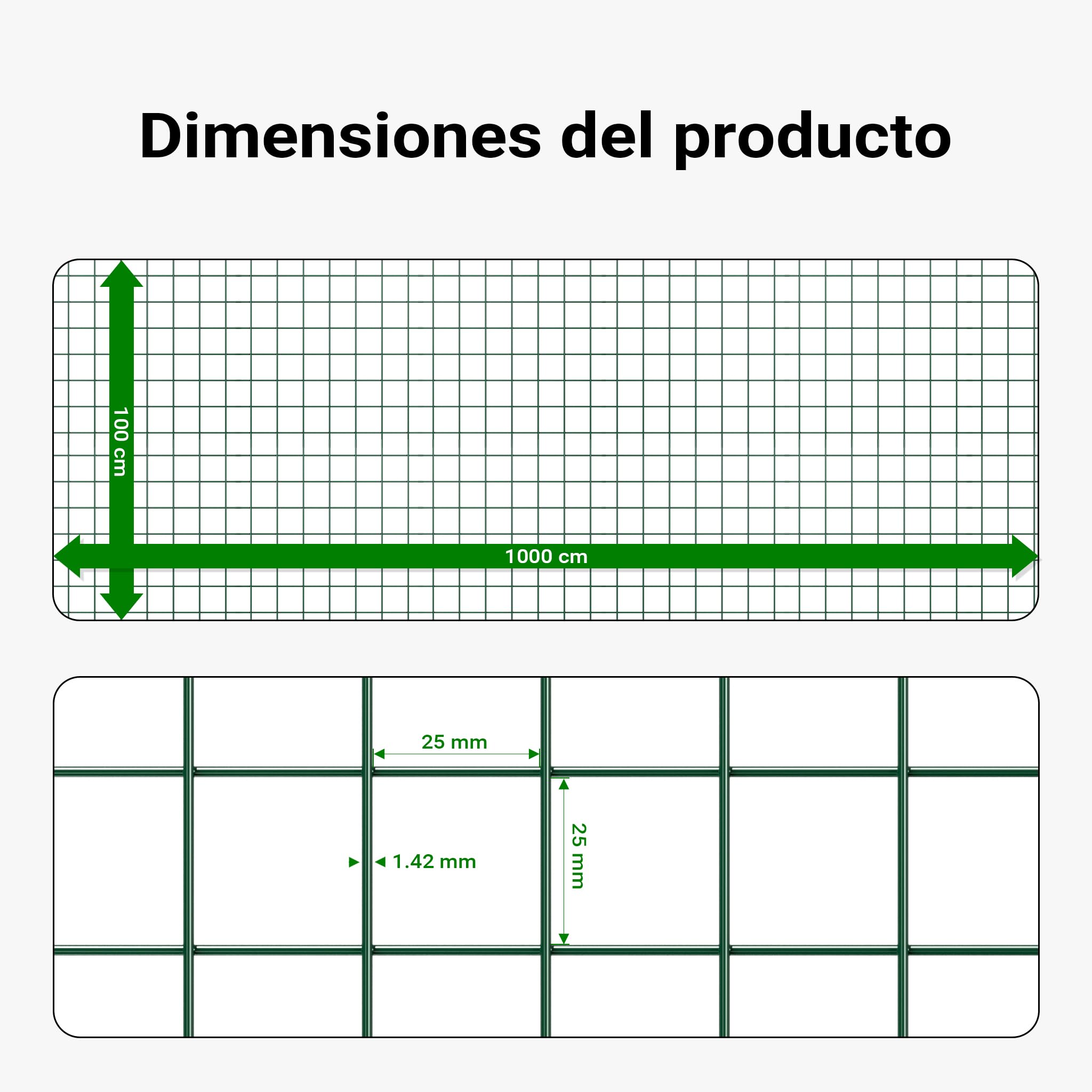 Wiltec Malla de Alambre Cuadrada 25x25mm de Color Verde, Rollo 10m Largo y 100cm Alto, de Acero galvanizado