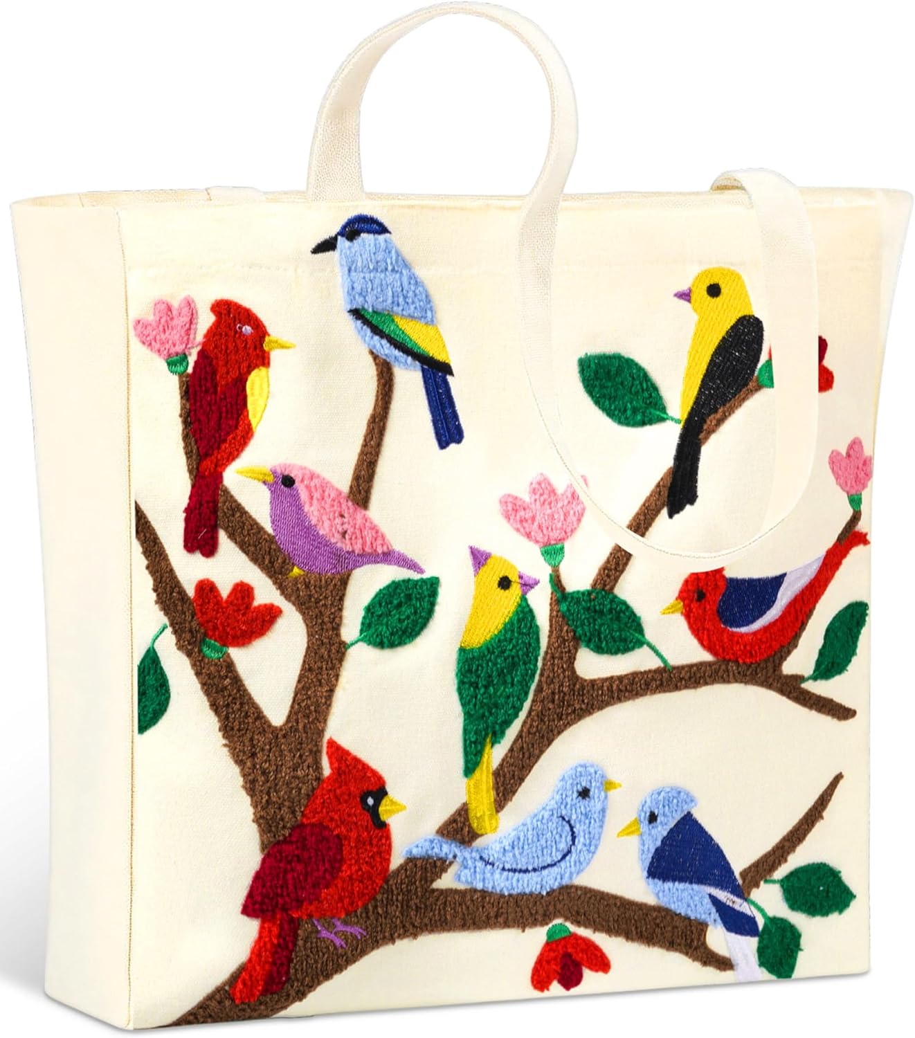 Abbylike Cardinal Bird Floral Embroidery Reusable Canvas Tote Bag - Pink Bow, Cute Aesthetic Grocery Shopping Bag for Women