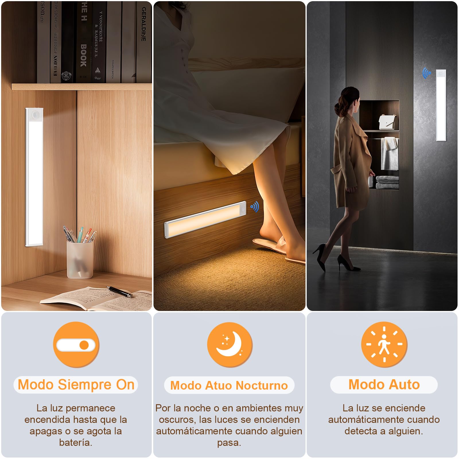 Luz LED Armario 30cm con Sensor de Movimiento 3000mAh USB-C Recargable | 3 tonos de color, batería 3000mAh con carga USB-C, perfecta para cocina, pasillos, escaleras, garajes y sótanos