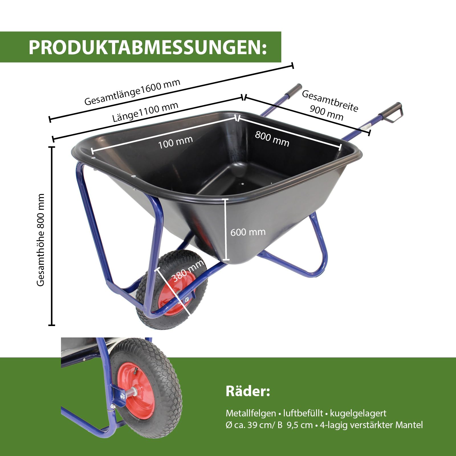 TRUTZHOLM 1-Rad Schubkarre 290 Liter 300 Kg Luftrad Metallfelge 156 x 89 cm Kunststoffmulde schwarz Futterkarre Hofkarre Schiebkarre