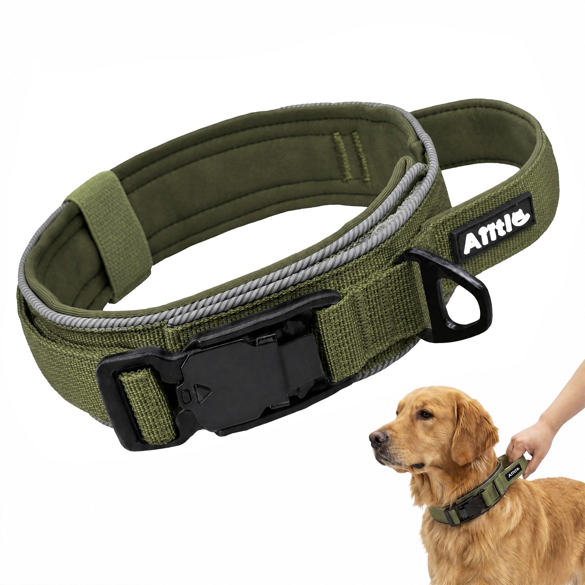 AIITLE Tactical Dog Collar with Magnetic Buckle for Large Dogs, Green L