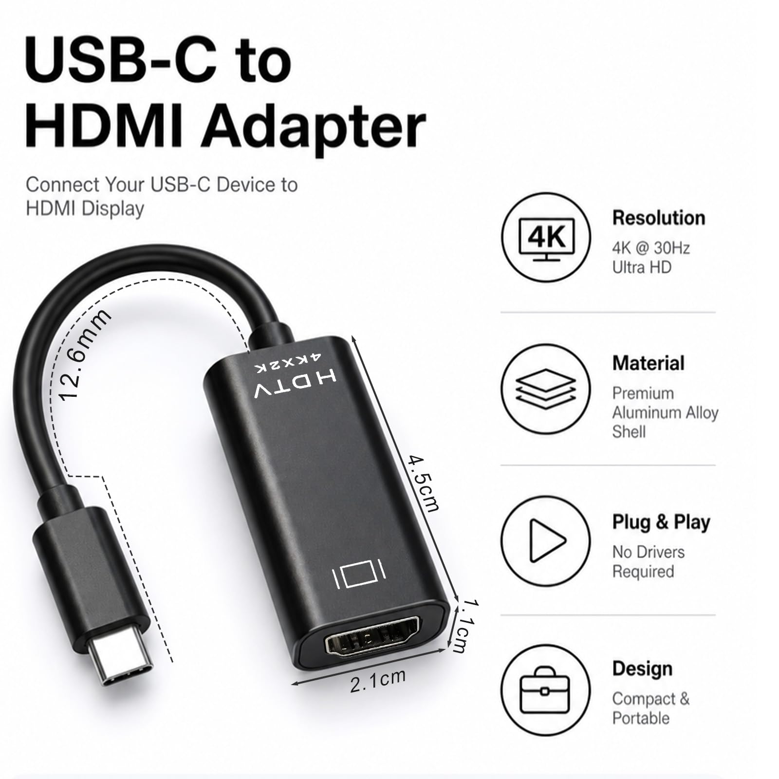 Adattatore USB C HDMI, 4K@30Hz Type c to HDMI, Compatibile con Desktop, Smartphone, Laptop, Tablet, iPhone 16Pro/16Pro Max/16/15, Samsung Galaxy S/Note, Dell XPS Windows, iOS, Android