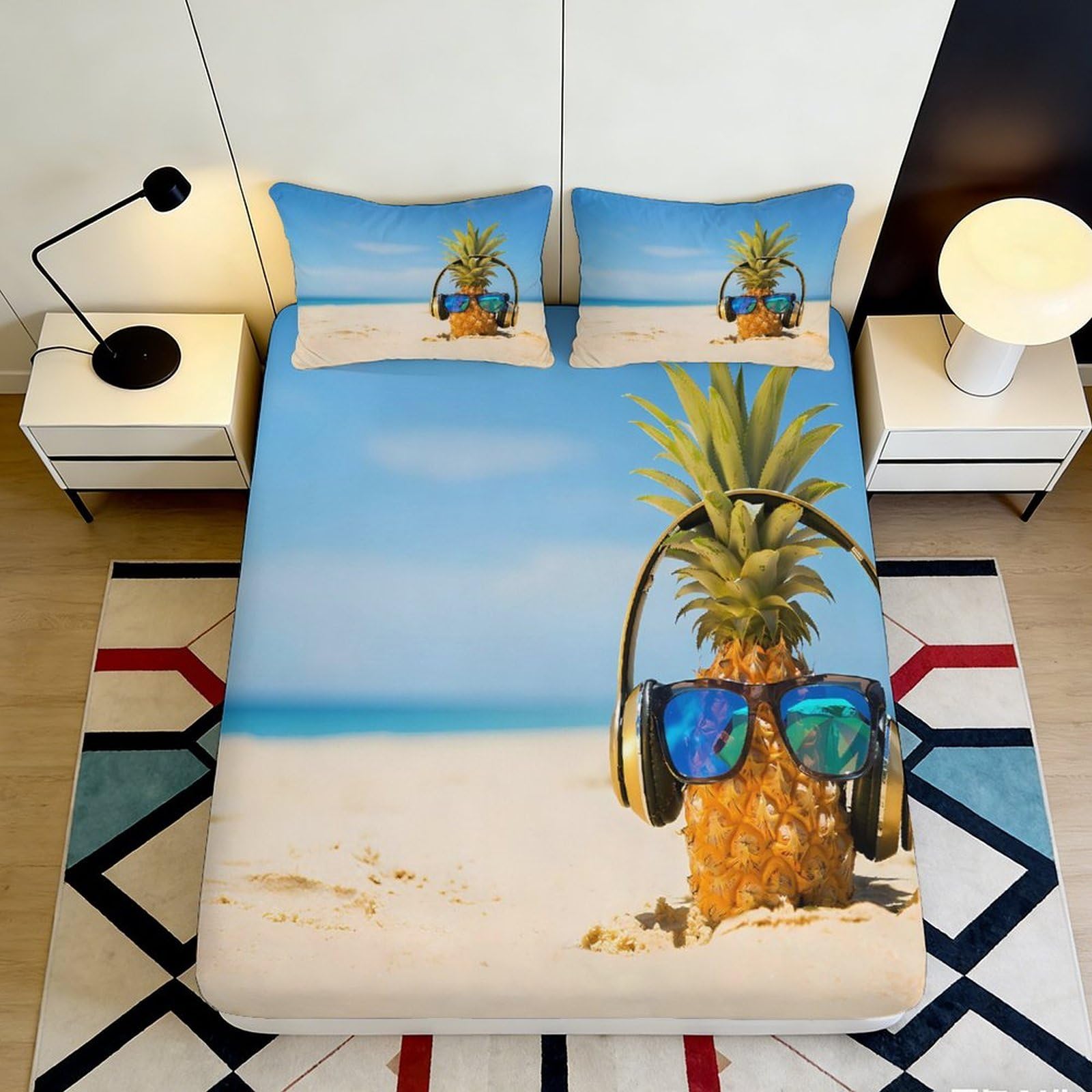 3D Printed Pineapple Beach Fitted Sheet Microfiber Soft Breathable Sunglasses Bed Cover for Bedroom Dorm Decor 90x200x25cm