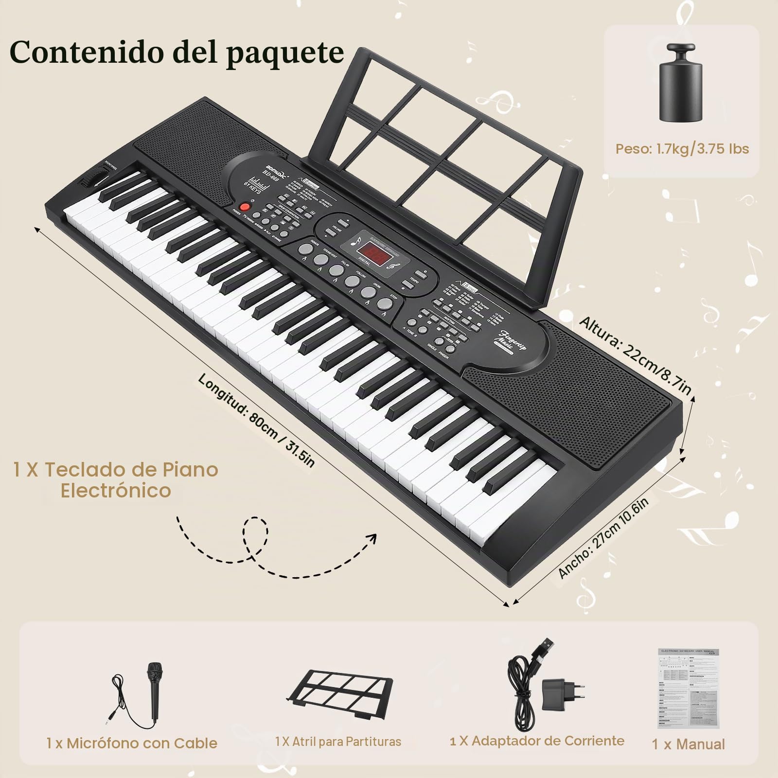61 Teclado Piano Eléctrico para, el instrumento de piano electrónico portátil para principiantes con micrófono, pegatinas para notas Ligero y portátil, adecuado para viajes o la escuela.