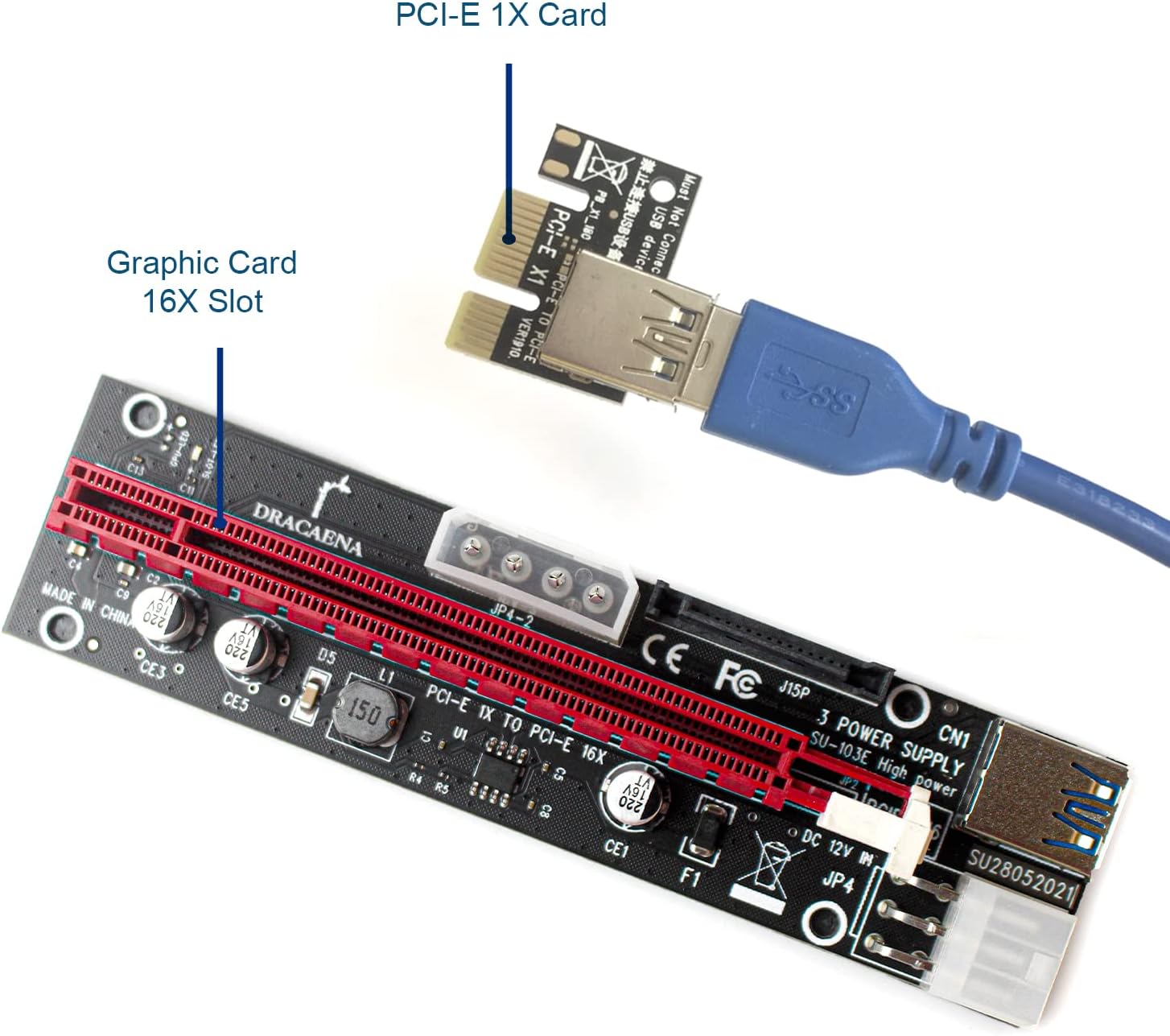 Dracaena.io 6 Pack PCIE Riser Adapter Card for GPU Crypto Mining16X to 1X (6pin/ MOLEX/SATA Powered) LED Status Riser Adapter + 60cm USB 3.0 Cable (GPU Ethereum Mining)