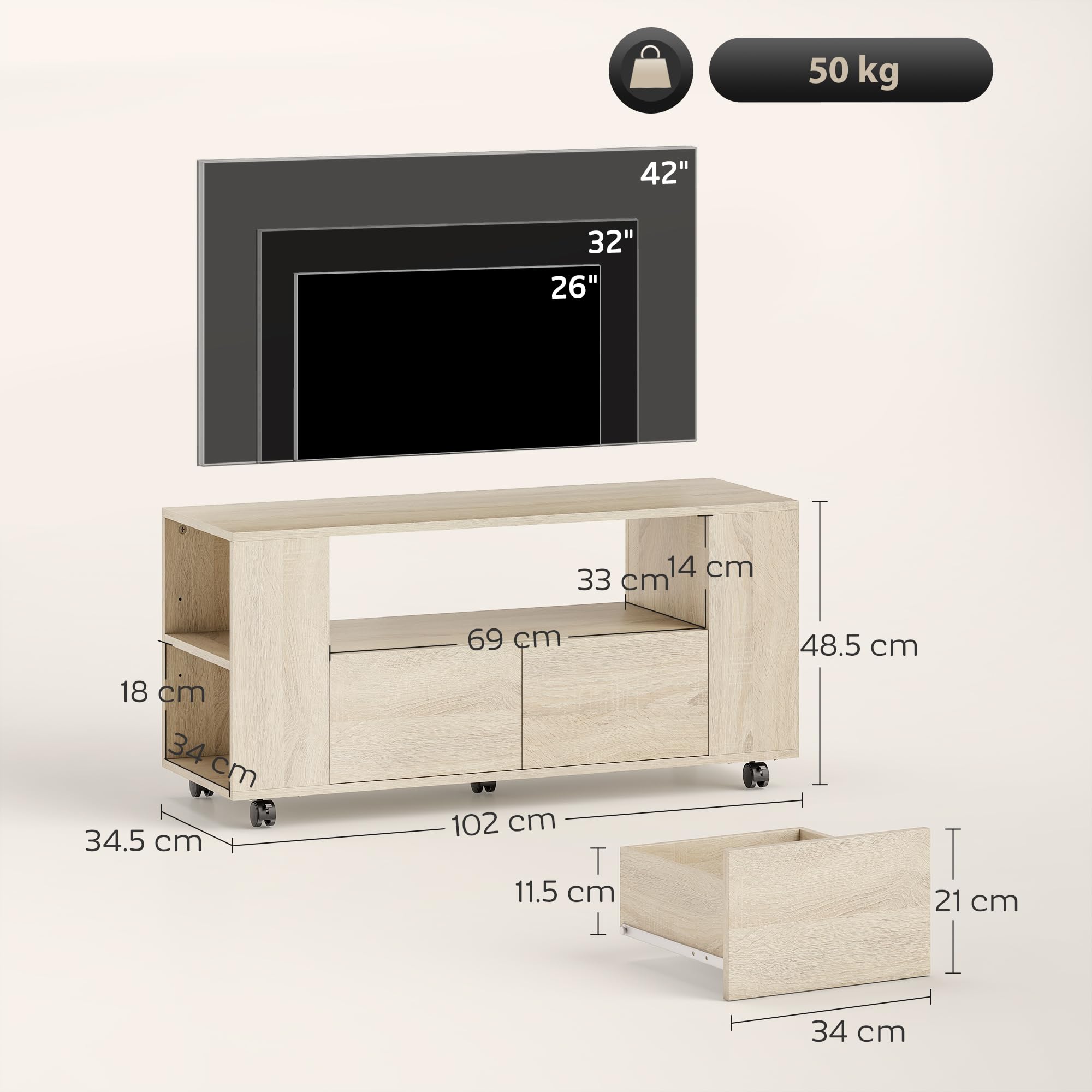 HOMCOM Mobile Porta TV fino a 42", Mobiletto TV con Ruote Girevoli e Freno, Ripiani Regolabili e Cassetti, per Soggiorno e Salotto, 102x34.5x48.5 cm, Legno Naturale