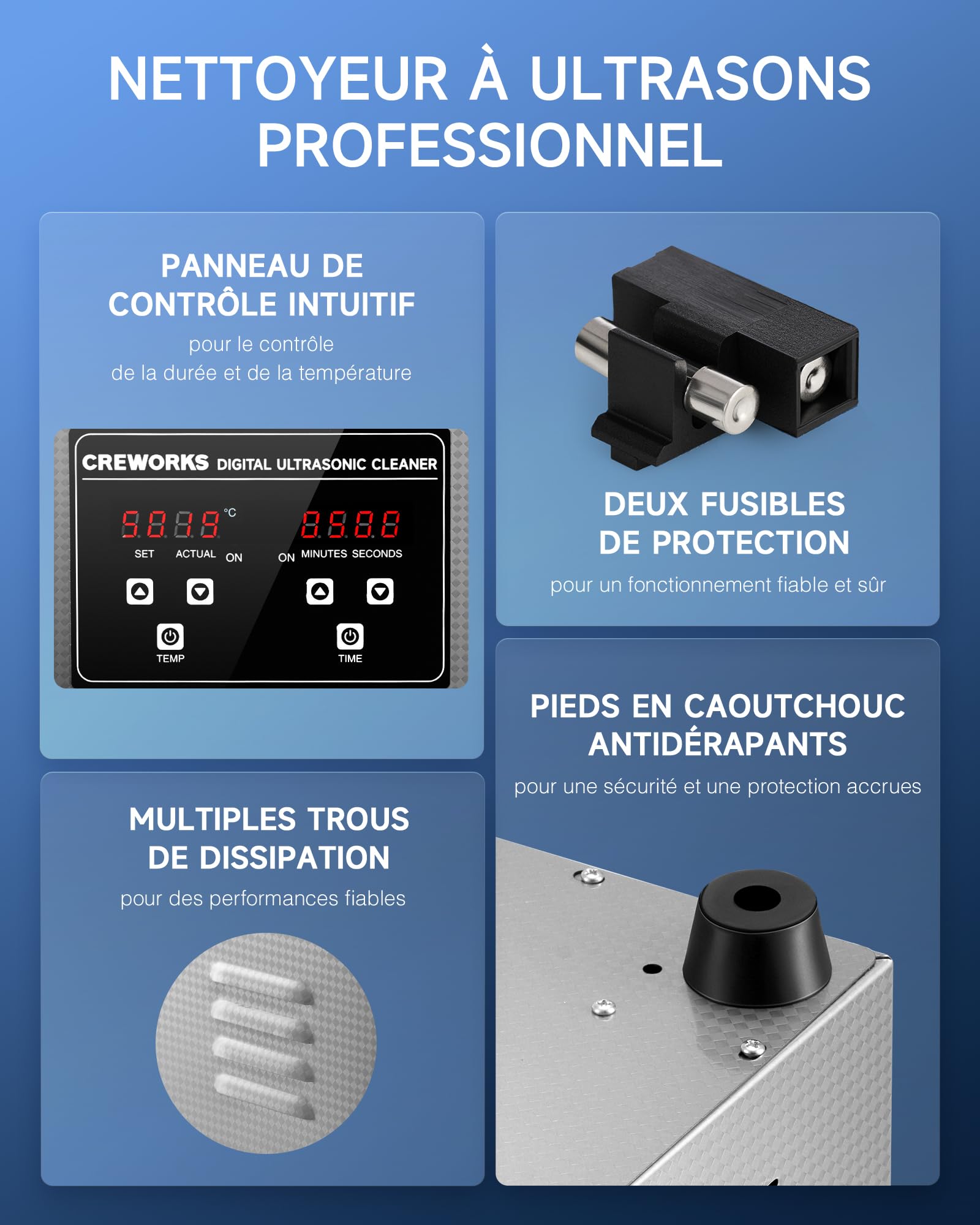 CREWORKS 2L Nettoyeur à Ultrasons 60W Bac Ultrasons 40kHz Professionnelle avec Fonction Minuterie et Chauffage en Acier Inoxydable 304 pour Bijoux Montres Lunettes