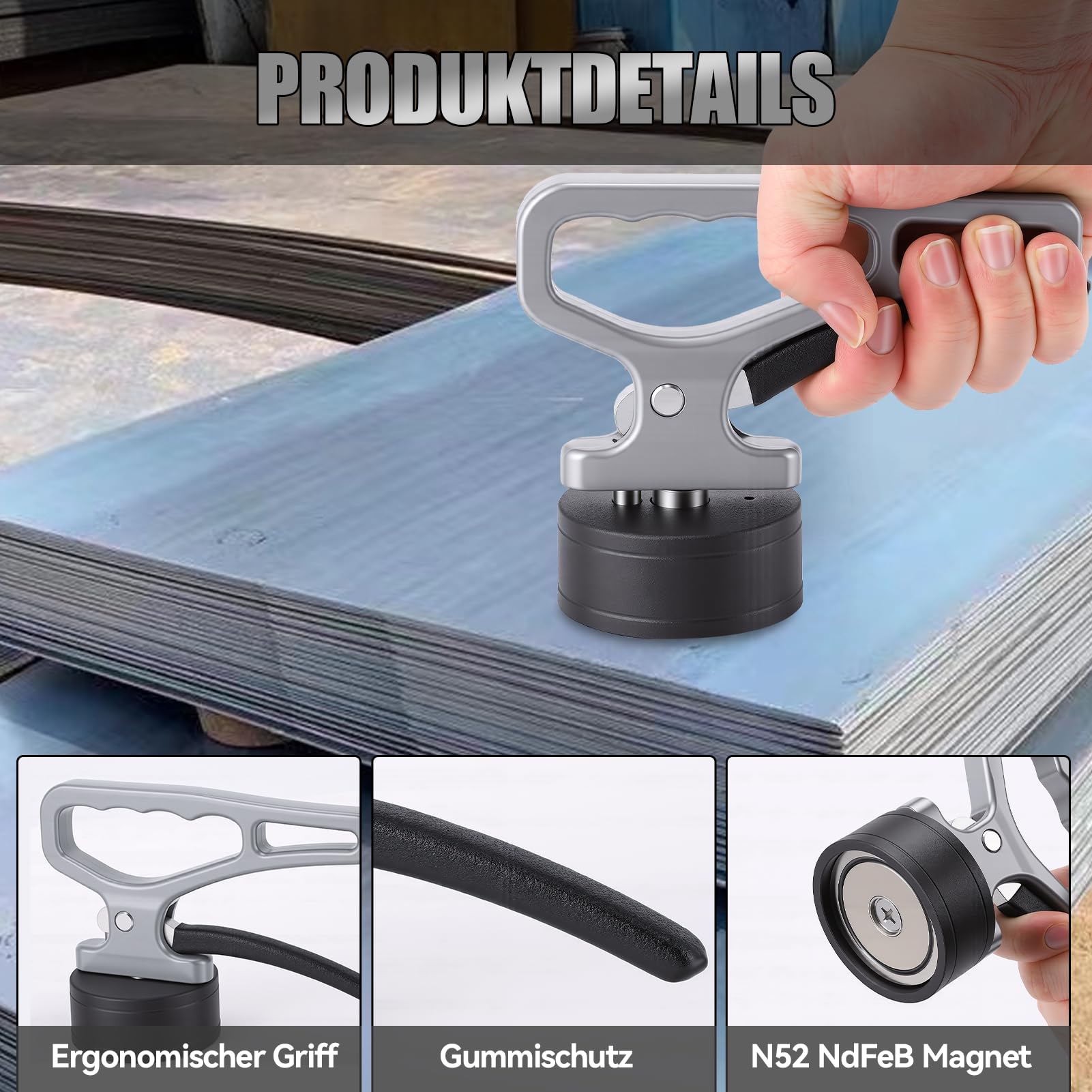 Starker Manueller Magnetischer Hebegriff, Tragbarer Leistungsstarker Neodym-Magnet mit Schnelllösegriff, Hand Magnetheber zum Bewegen und heben Von Schwermetallobjekten (50KG)