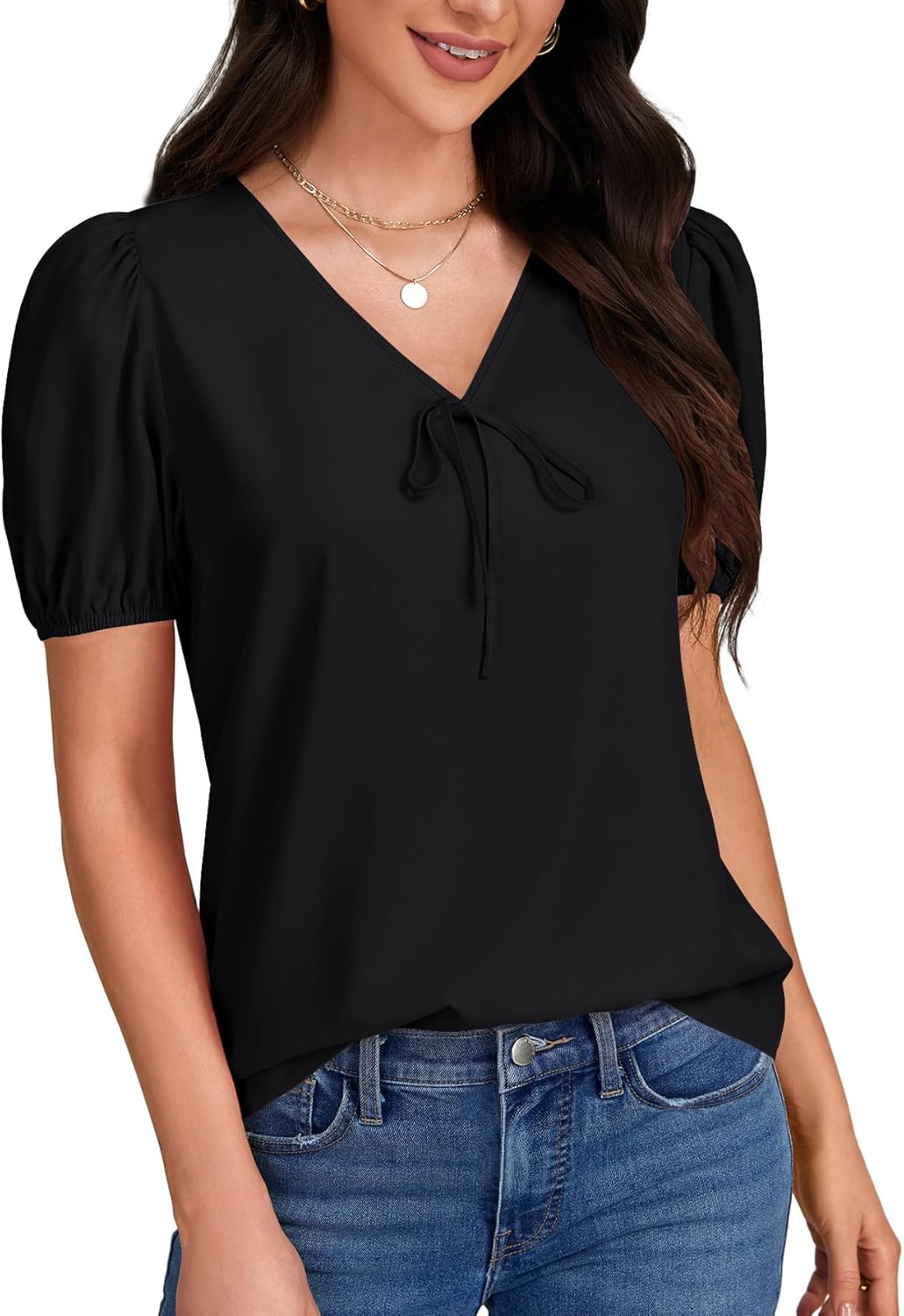 LYANER Women's Ruched Puff Sleeve V Neck Tie Knot Loose Fit Dressy Casual Blouse Shirt Top - Image 3