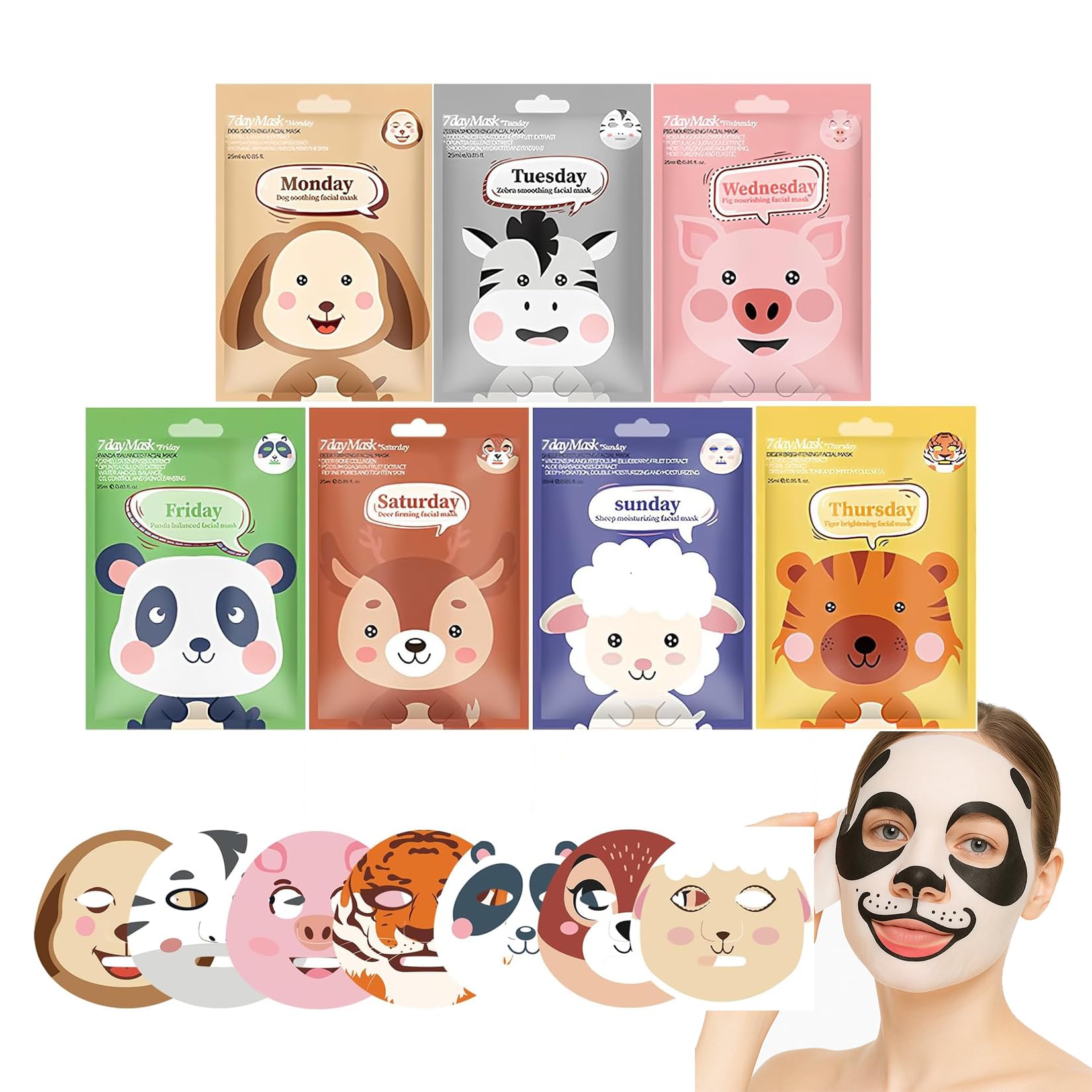 Sheet Face Mask Set, 7-Pack Hydrating & Moisturizing Facial Masks, Fun Animal Print for Kids & Girls