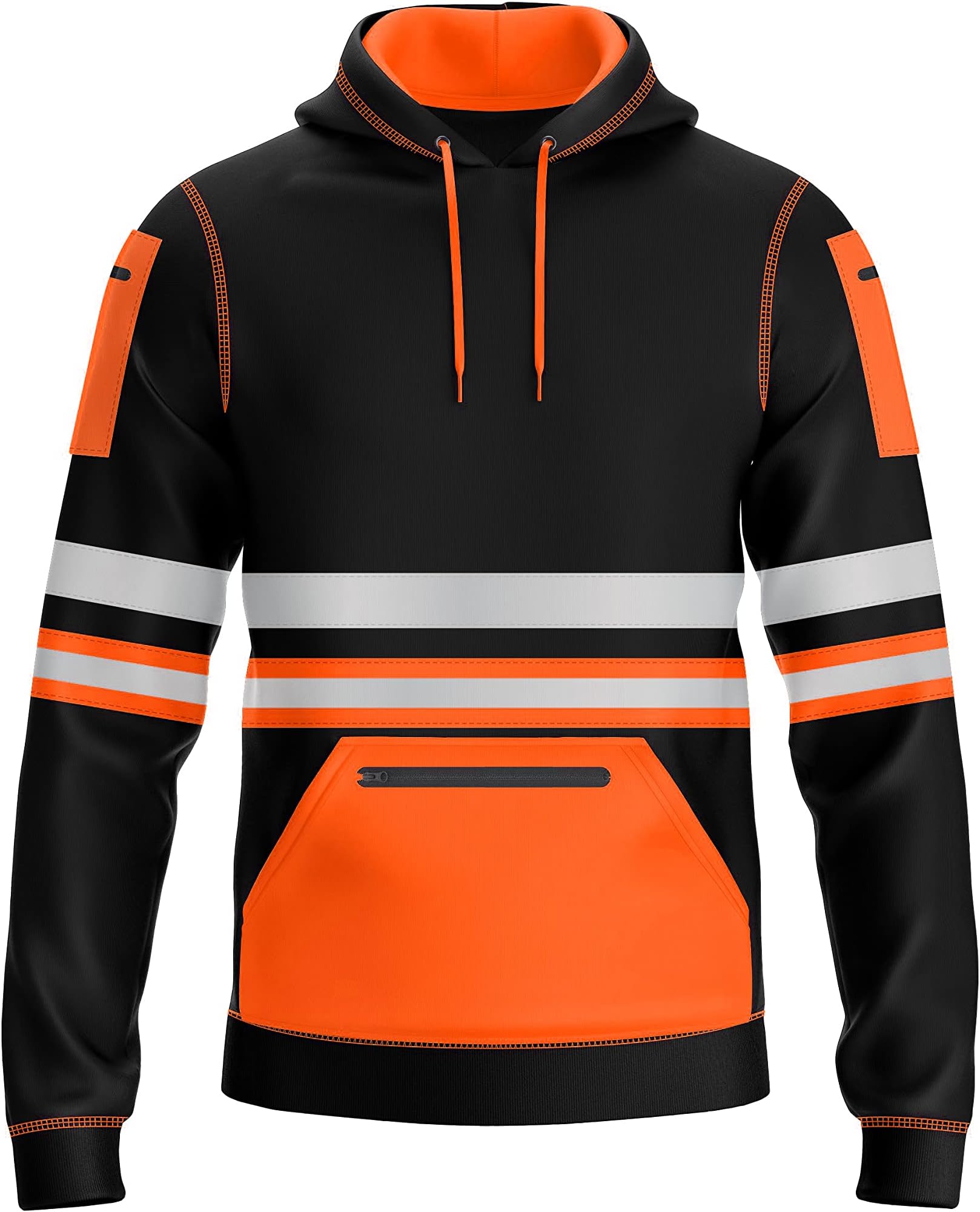 Hi Vis Mens Pullover Hoodie Reflective Tape Safety Work Multi Zipped Pockets Drawstring High Viz High Visibility Hoodie Sweatshirt