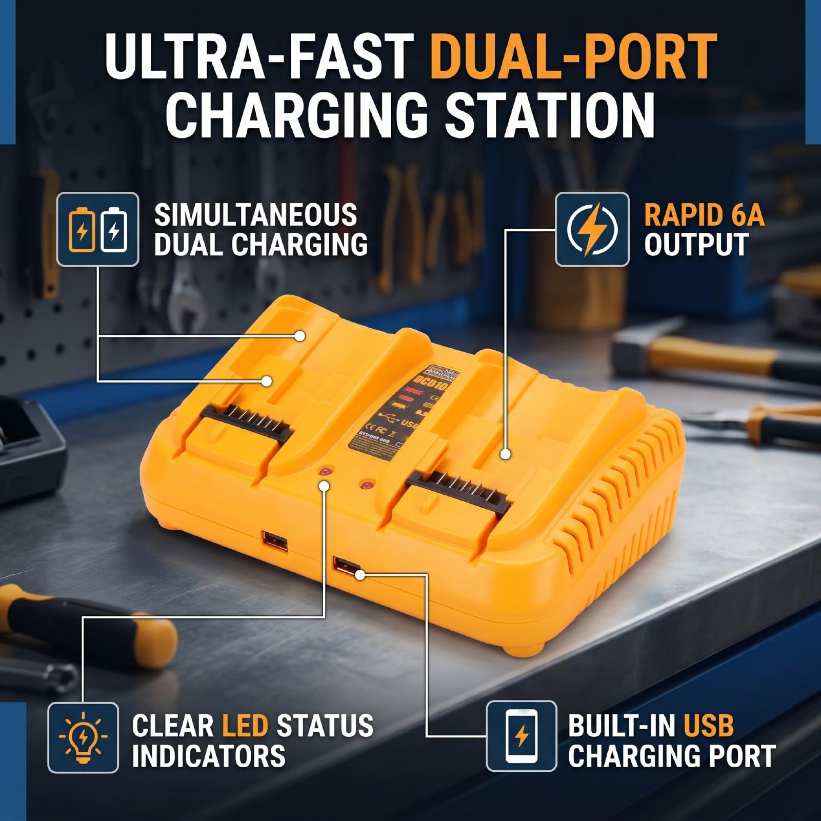 Fafeicy Estación de Carga de Batería Rápida de 2 Puertos, Indicador LED 6A USB