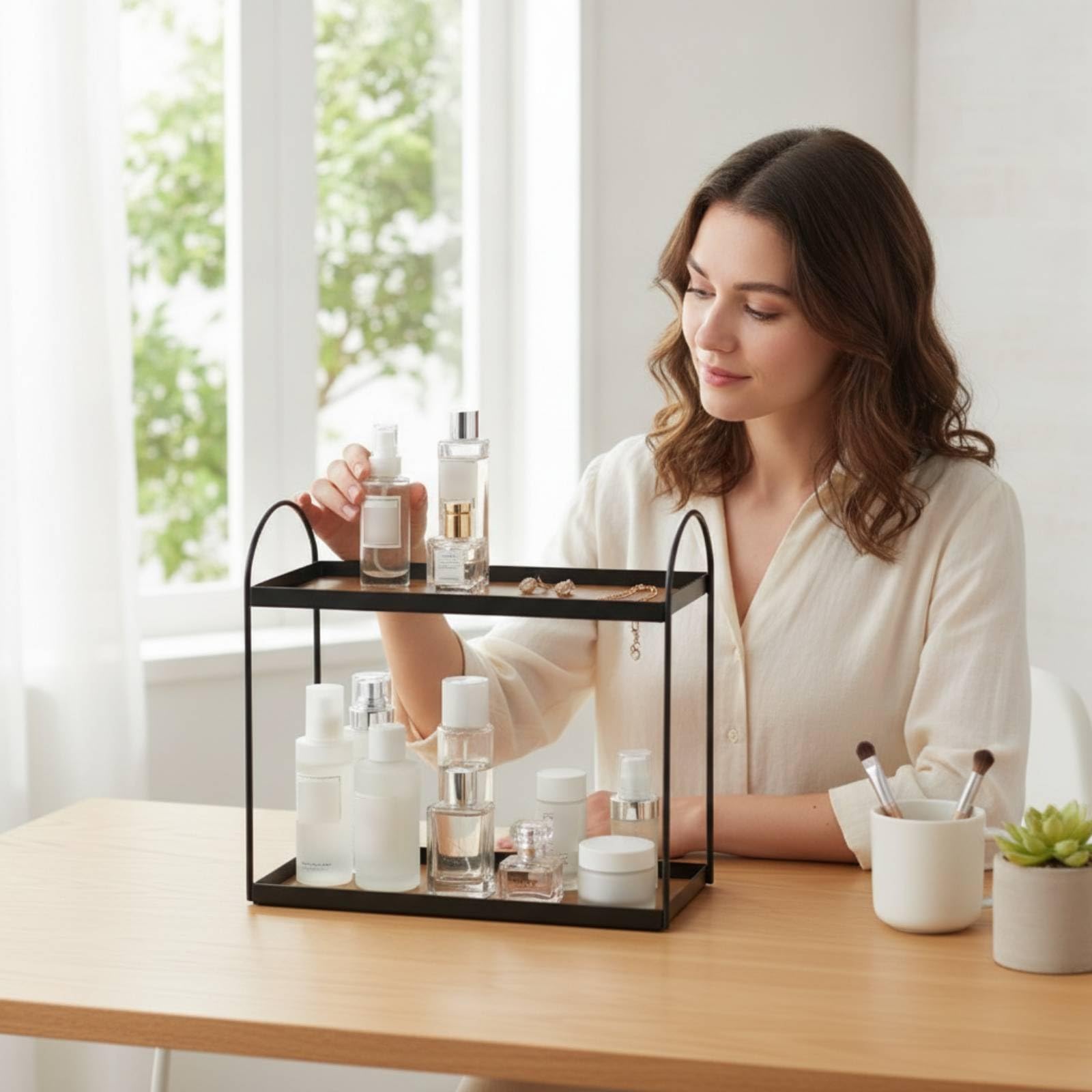 F Fityle Repisa Organizadora Maquillaje y Perfumes con Estructura Resistente Hierro para Vanitorio y Cómoda, Verde, Grande