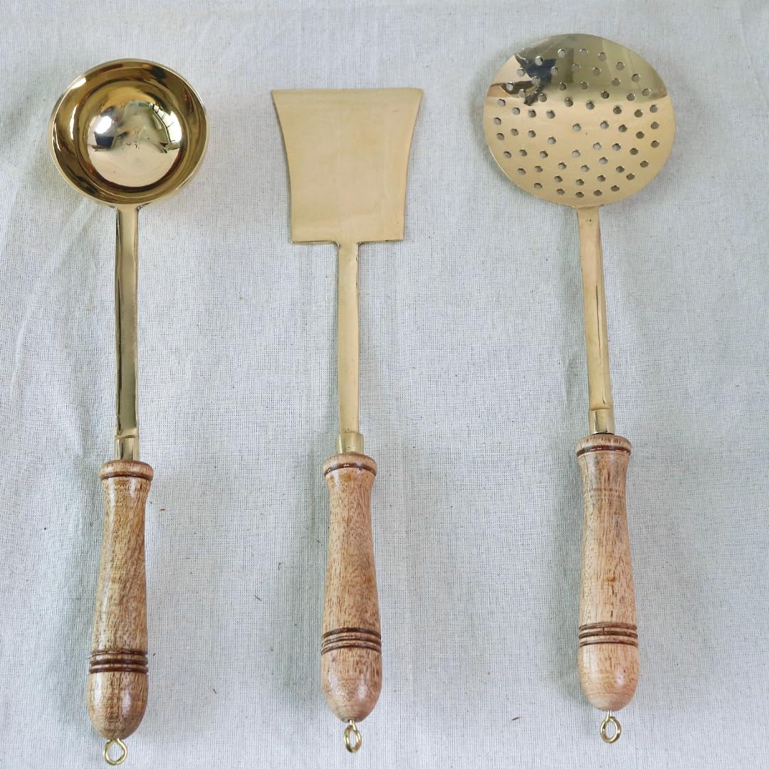 Kitchen 101 Brass Karchi Set | 14 Inch | Pack of 3 | Serving | Ladle | Skimmer | Rice Spoon | Turner (Palta) | Cookware | for Cooking | Serving Spoon with Wooden Handle | Scoop | Pital Ki Karchi |