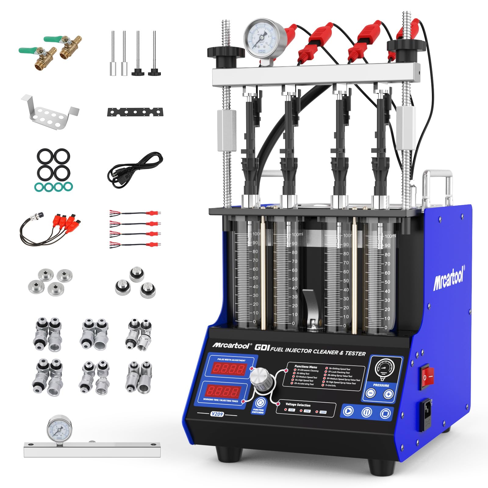 V209 Fuel Injector Cleaner Machine, 110V 4-Cylinders Heated Ultrasonic Injector Cleaner Kit with 10 Functions, Diesel & Gasoline Fuel Injector Tester for Car Motorcycle GDI/EFI/FSI Injectors