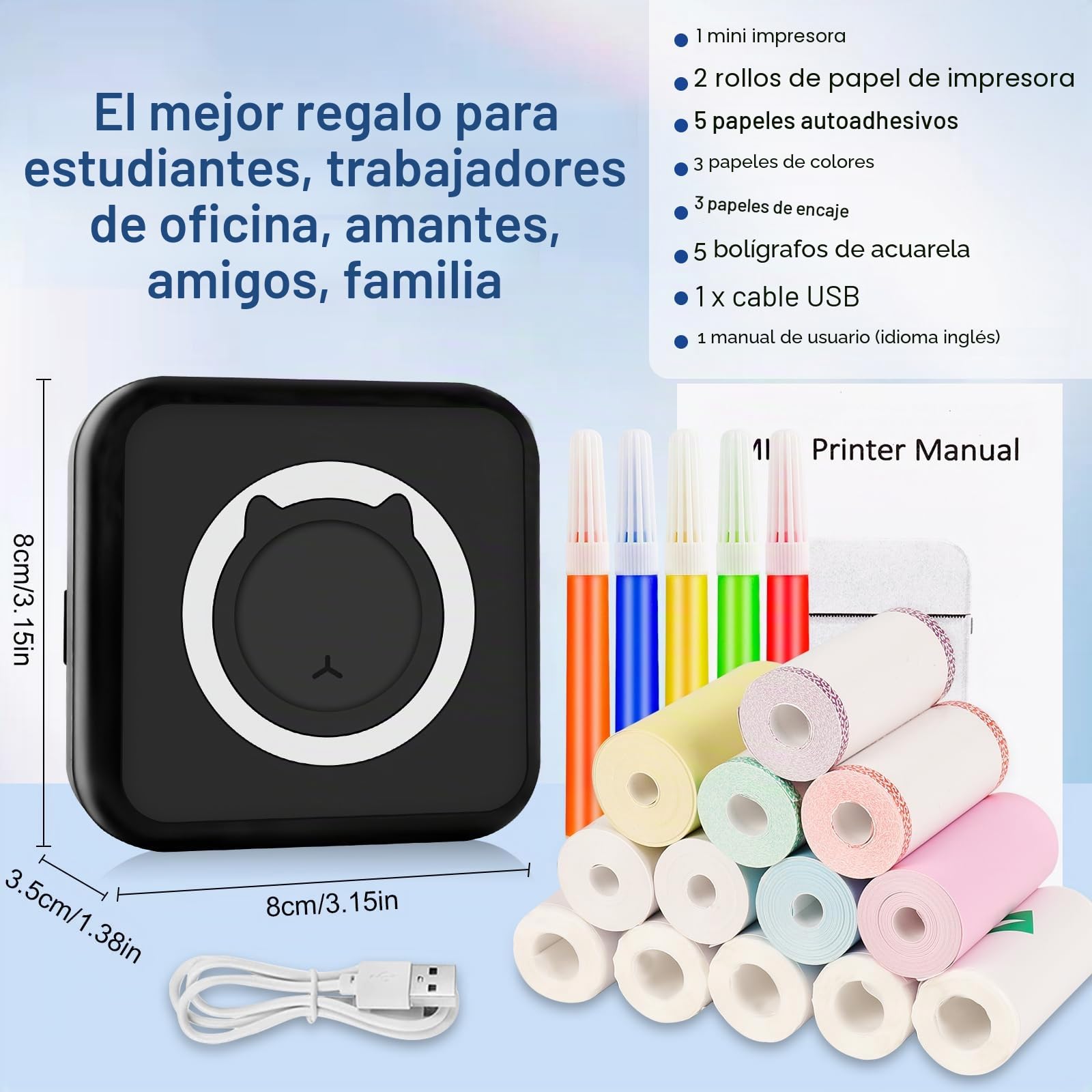 GuKKK Mini Impresora para Movil, Impresora Fotográfica, Portátil Mini Impresora Bluetooth Impresora Termica, Inalámbrico Impresora Térmica Con 13 Rolls of Paper, Movil Impresora Fotos, para Fotos Nota