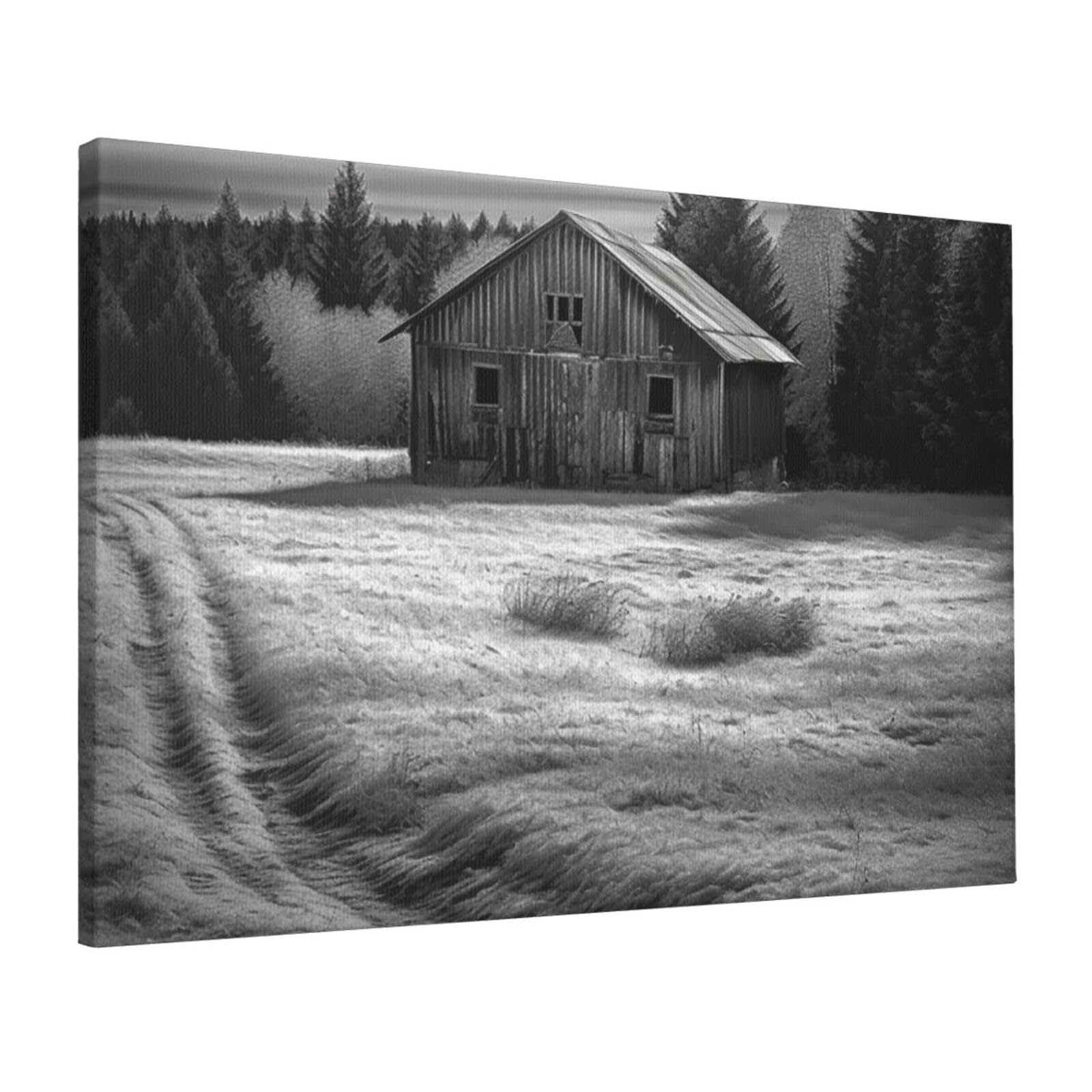 FodPand Canvas Wall Art for Living Room Wall Decor 16"x24" Modern Artwork Painting Pictures Hanging Canvas Prints Barn Black and White Aesthetic Wall Art for Bedroom Bathroom Office Wallart Decor