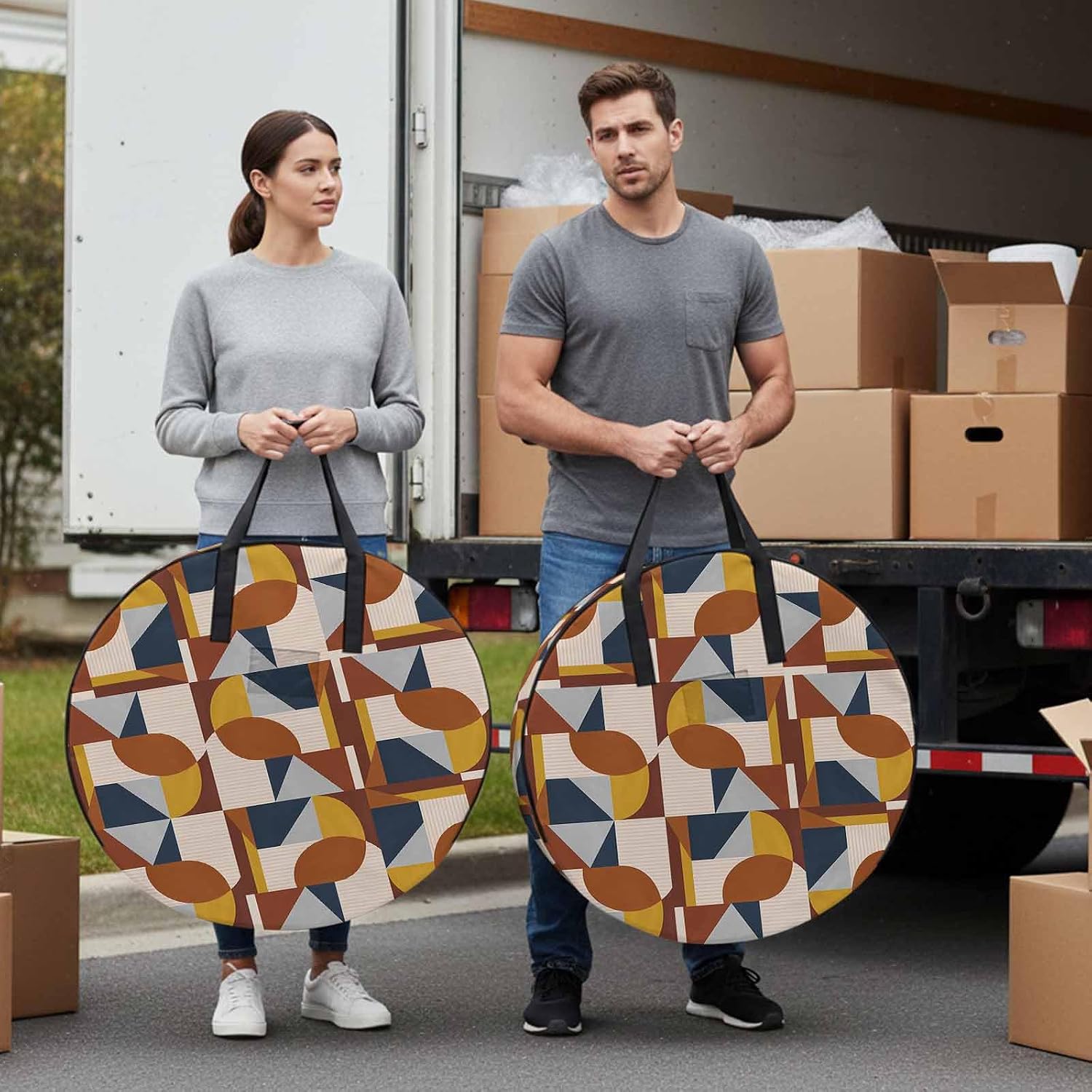 Art Decor Round Storage Bag 36 Inch, Mid-Century Modern Abstract Geometric Multi Color Clothes Storage Container with Handles Heavy Duty Organizer for Comforter, Bedding & Holiday Wreaths