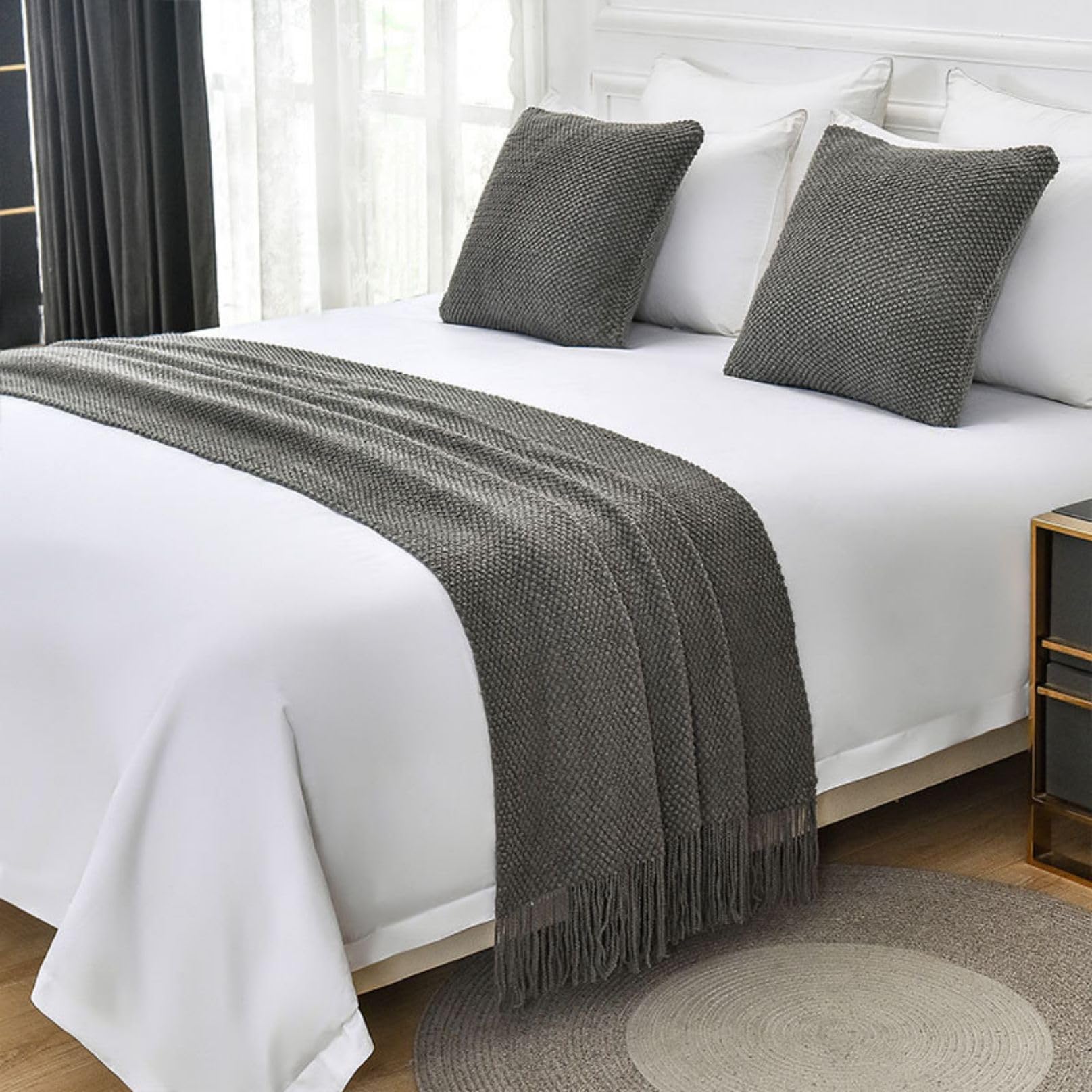 LEEMQCYA Bed Runners & Scarves Grey Bed End Towel for Foot of Bed Throw Blanket Bedroom Bedspread Protection Hotel Bed Scarf for Living Room Wedding Dormitory Decor,Single/Twin