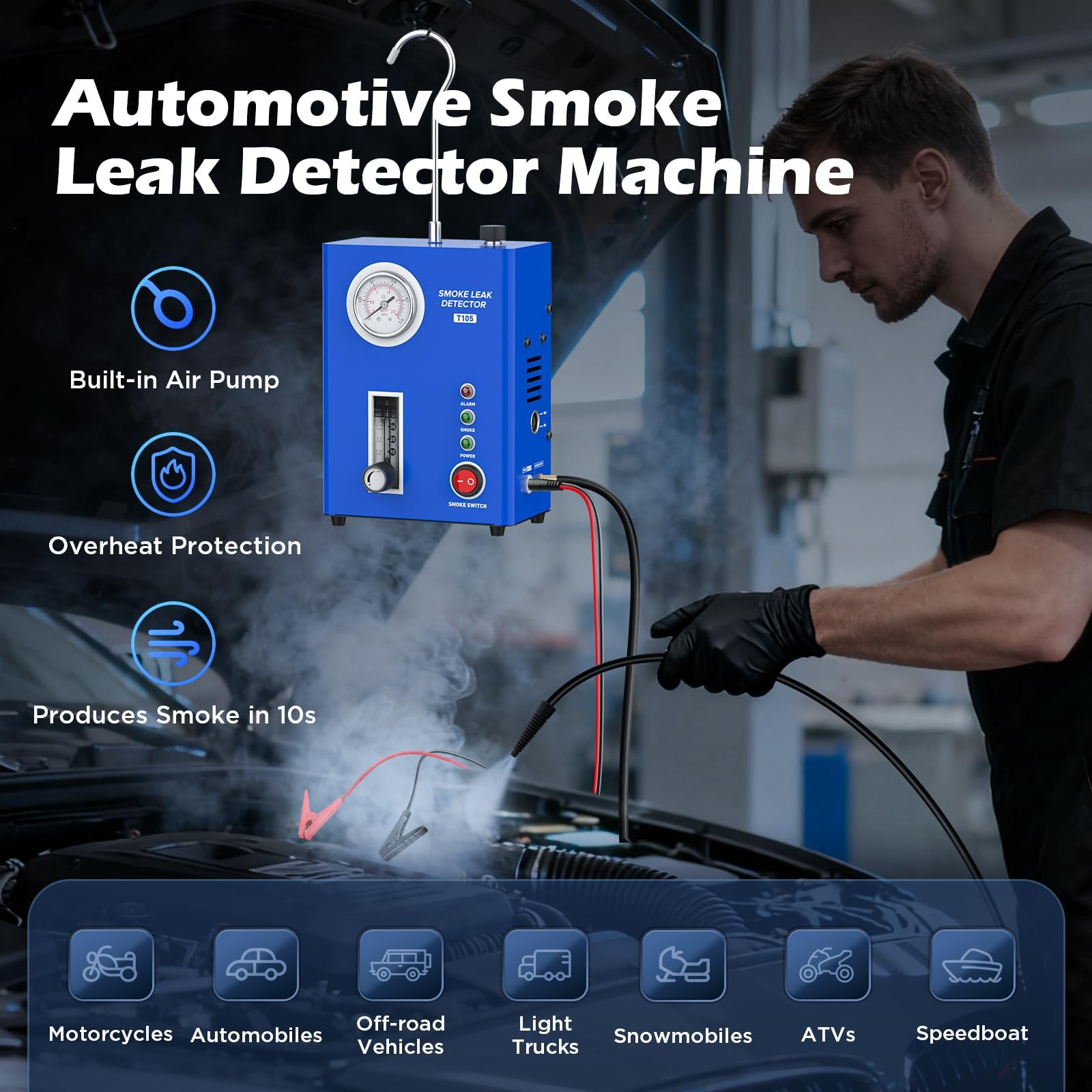 T105 Kfz Nebelmaschine Rauchmaschine Lecksuchgerat, EVAP Rauch Durchlass Detektor mit eingebauter Luftpumpe, Drucksensor für Rohrsysteme, Kraftstoff-Durchfluss, 12V Vakuum Diagnose Prüfgerät
