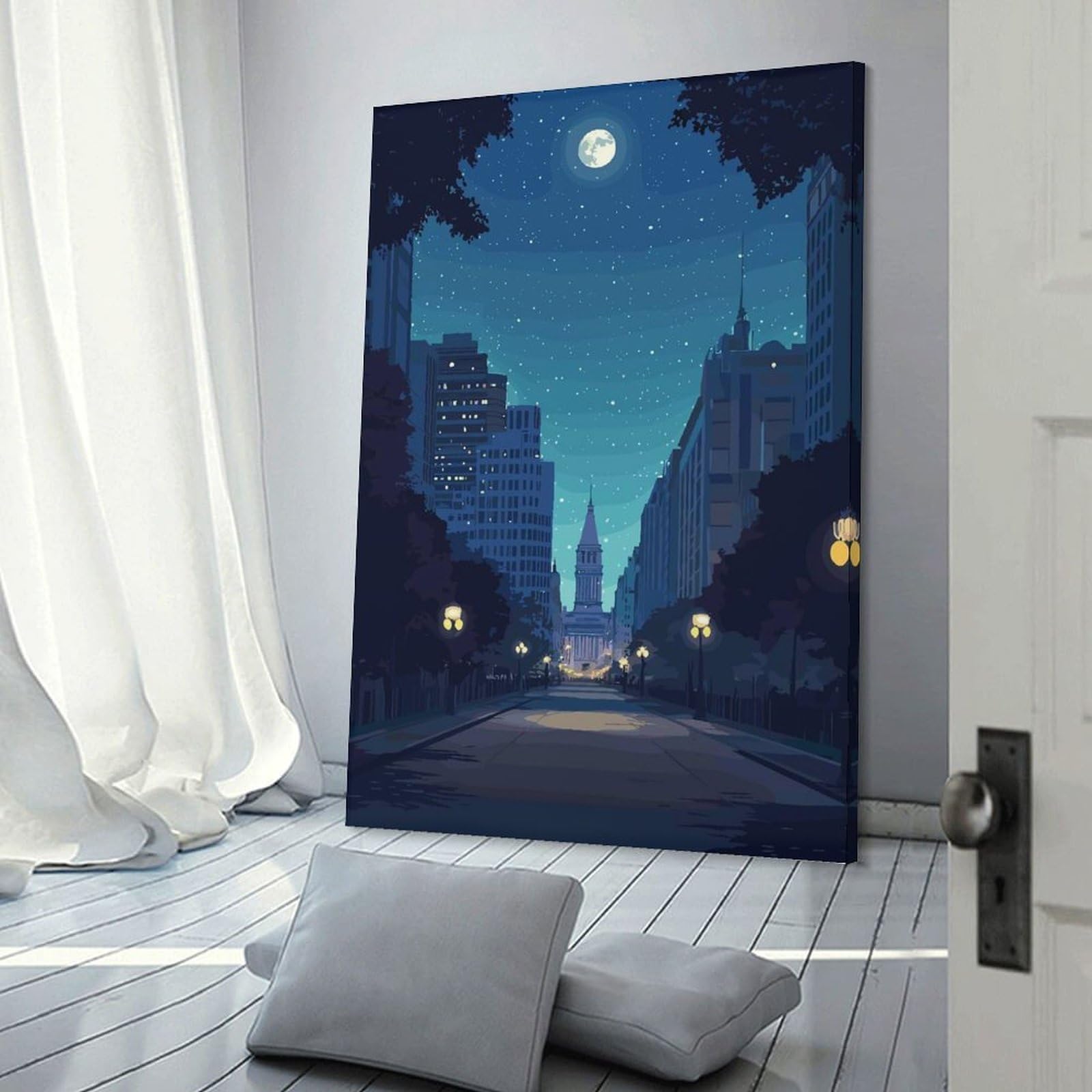 Junmoney Canvas Wall Art City Street at Night with Moon, 16x24inch(40x60cm), for Corridors, Hallways Or Apartment Entries, Decorative Canvas Styling for Entry Areas
