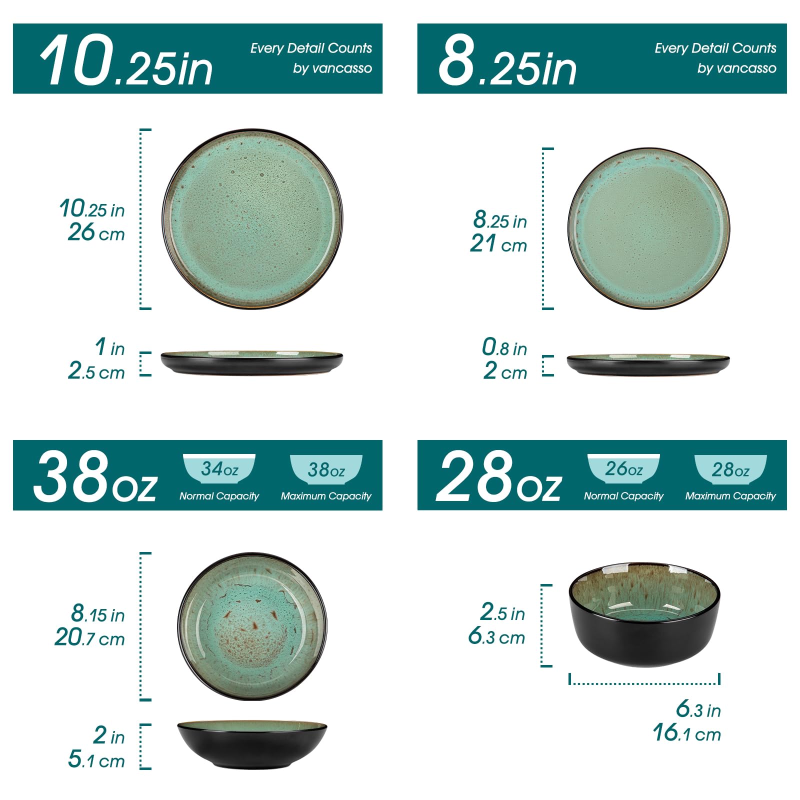 vancasso Amber 24 Pieces Dinner Set for 6, Reactive Glaze Stoneware Plates and Bowls Set, Green Crockery Set with Dinner Plates, Dessert Plates, Soup Bowls & Cereal Bowls, Microwave & Dishwasher Safe — view 2
