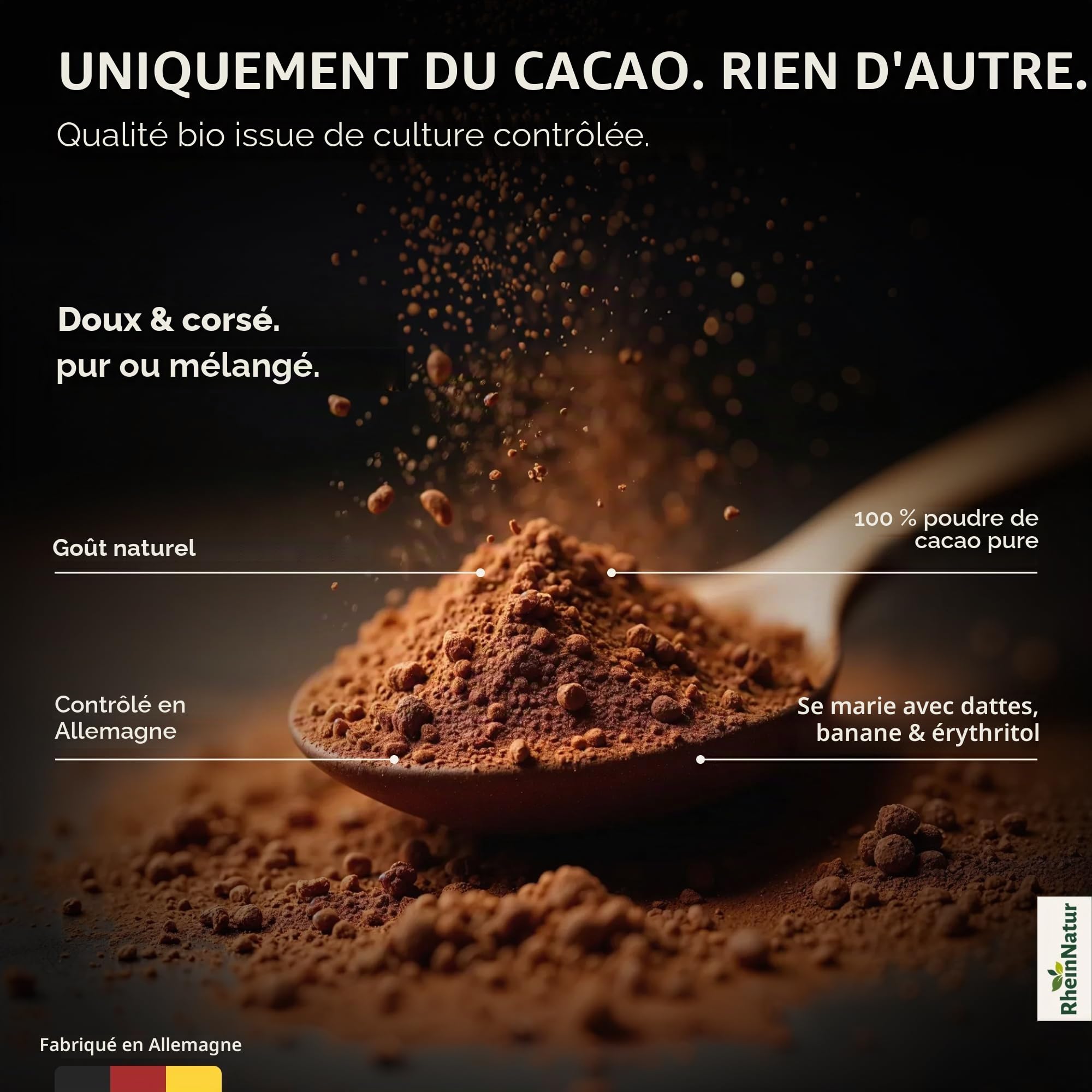 RheinNatur Poudre de cacao bio 1 kg – 100% pur cacao de qualité biologique, non sucré et sans additifs – Idéal pour la pâtisserie, le chocolat chaud et les smoothies – Sachet de 1000 g